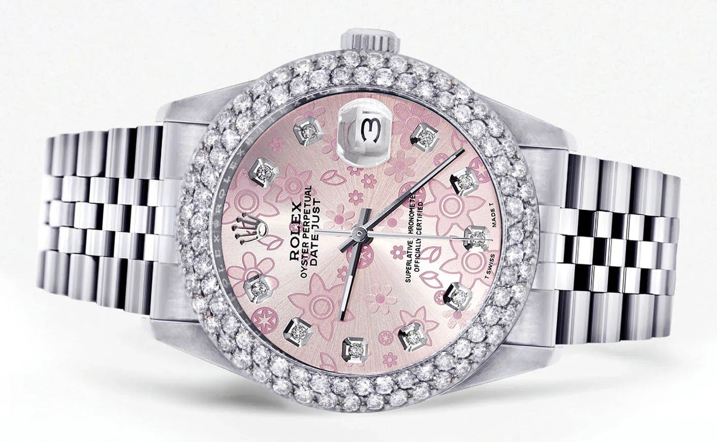 Mens Rolex Datejust Watch 16200 | 36Mm | Pink Flower Dial | Two Row 4.25 Carat Bezel | Jubilee Band - Image 2