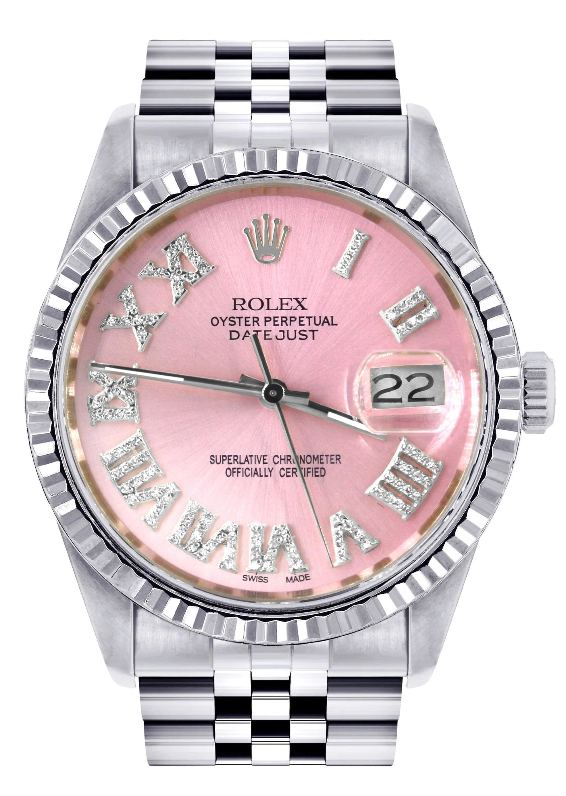 Mens Rolex Datejust Watch 16200 | Fluted Bezel | 36Mm | Pink Roman Numeral Dial | Jubilee Band