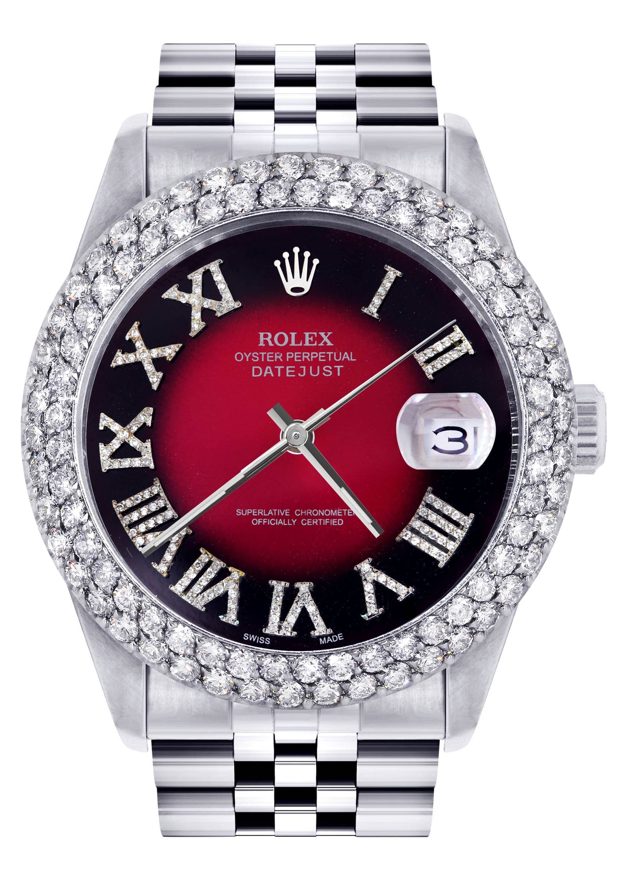 Mens Rolex Datejust Watch 16200 | 36Mm | Red Black Roman Numeral Dial | Two Row 4.25 Carat Bezel | Jubilee Band