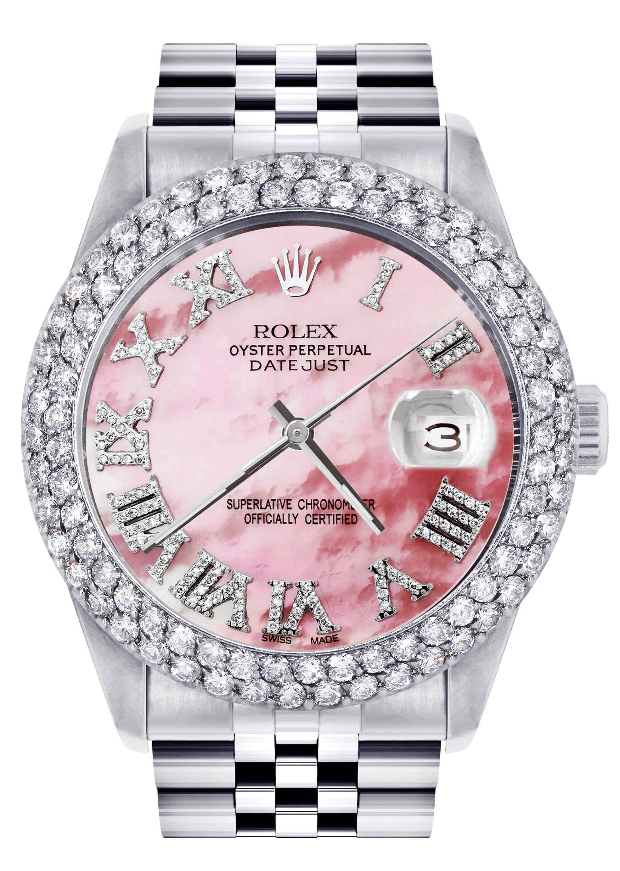 Mens Rolex Datejust Watch 16200 | 36Mm | Rose Mother of Pearl Roman Numeral Dial | Two Row 4.25 Carat Bezel | Jubilee Band