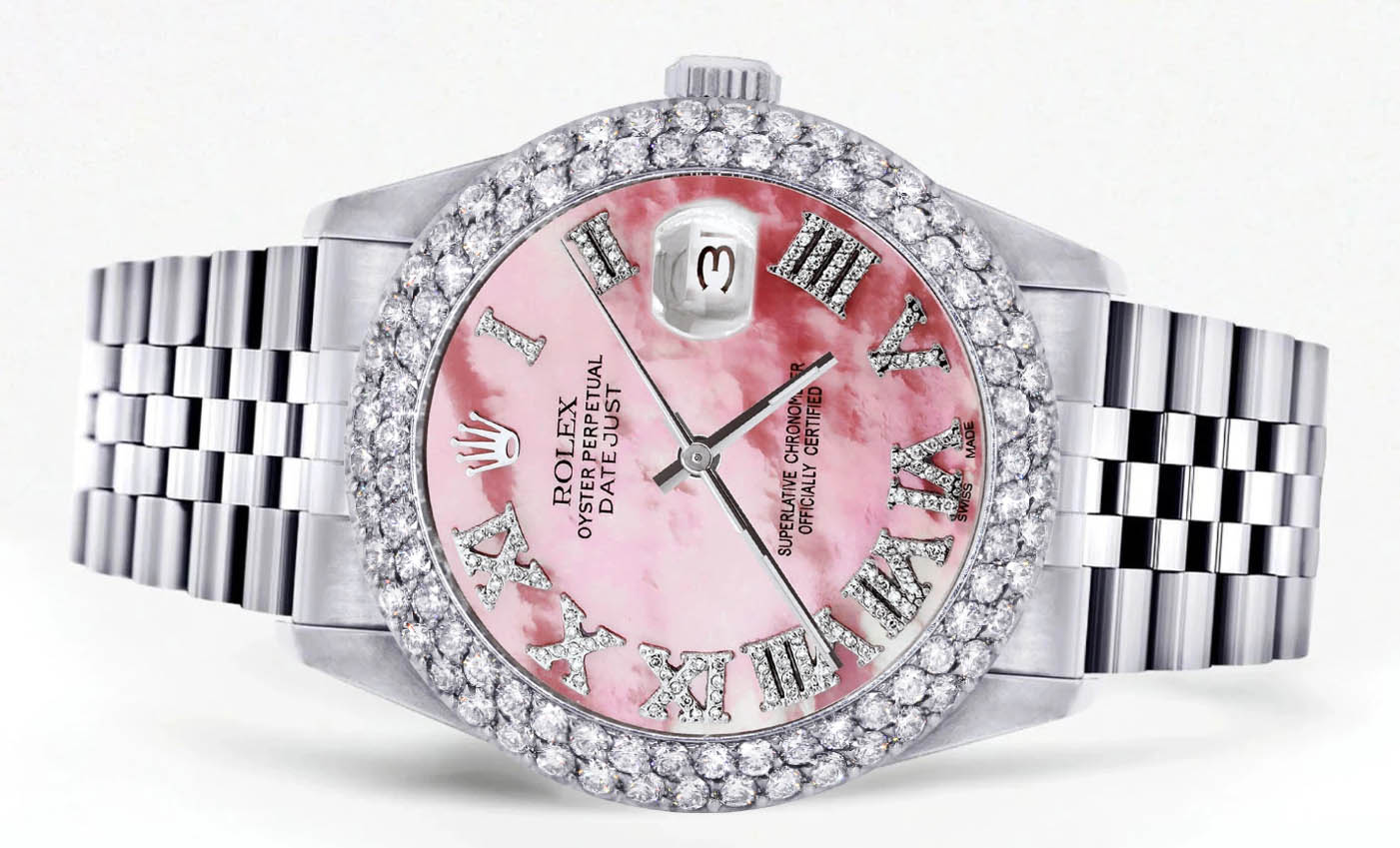Mens Rolex Datejust Watch 16200 | 36Mm | Rose Mother of Pearl Roman Numeral Dial | Two Row 4.25 Carat Bezel | Jubilee Band - Image 2