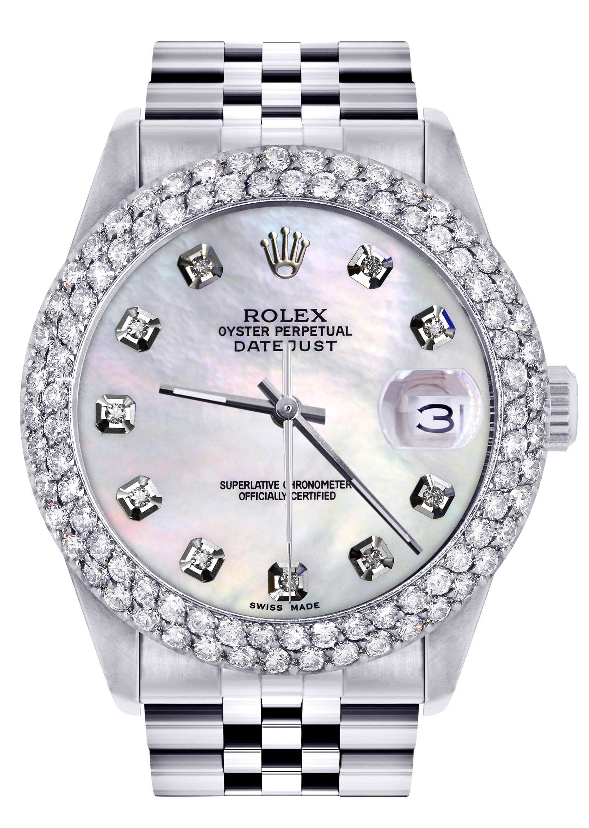 Mens Rolex Datejust Watch 16200 | 36Mm | White Mother of Pearl Dial | Two Row 4.25 Carat Bezel | Jubilee Band