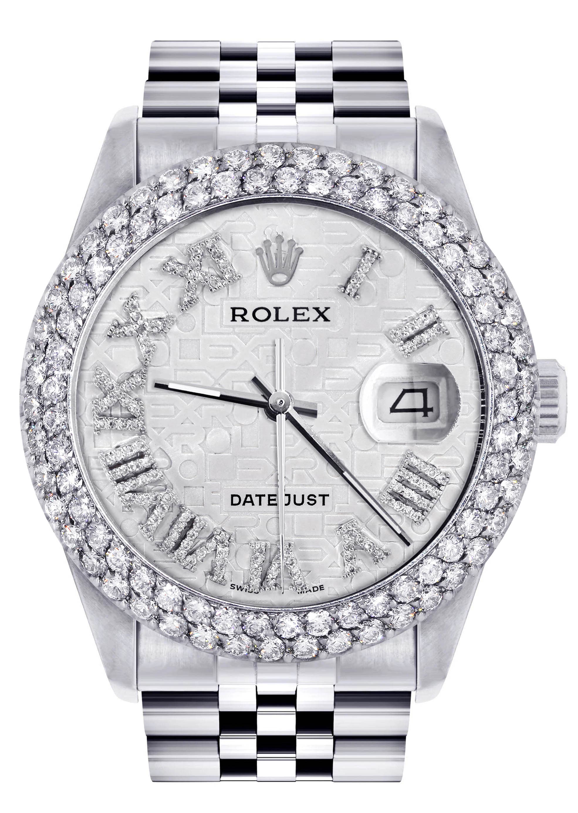 Mens Rolex Datejust Watch 16200 | 36Mm | White Texture Roman Numeral Dial | Two Row 4.25 Carat Bezel | Jubilee Band