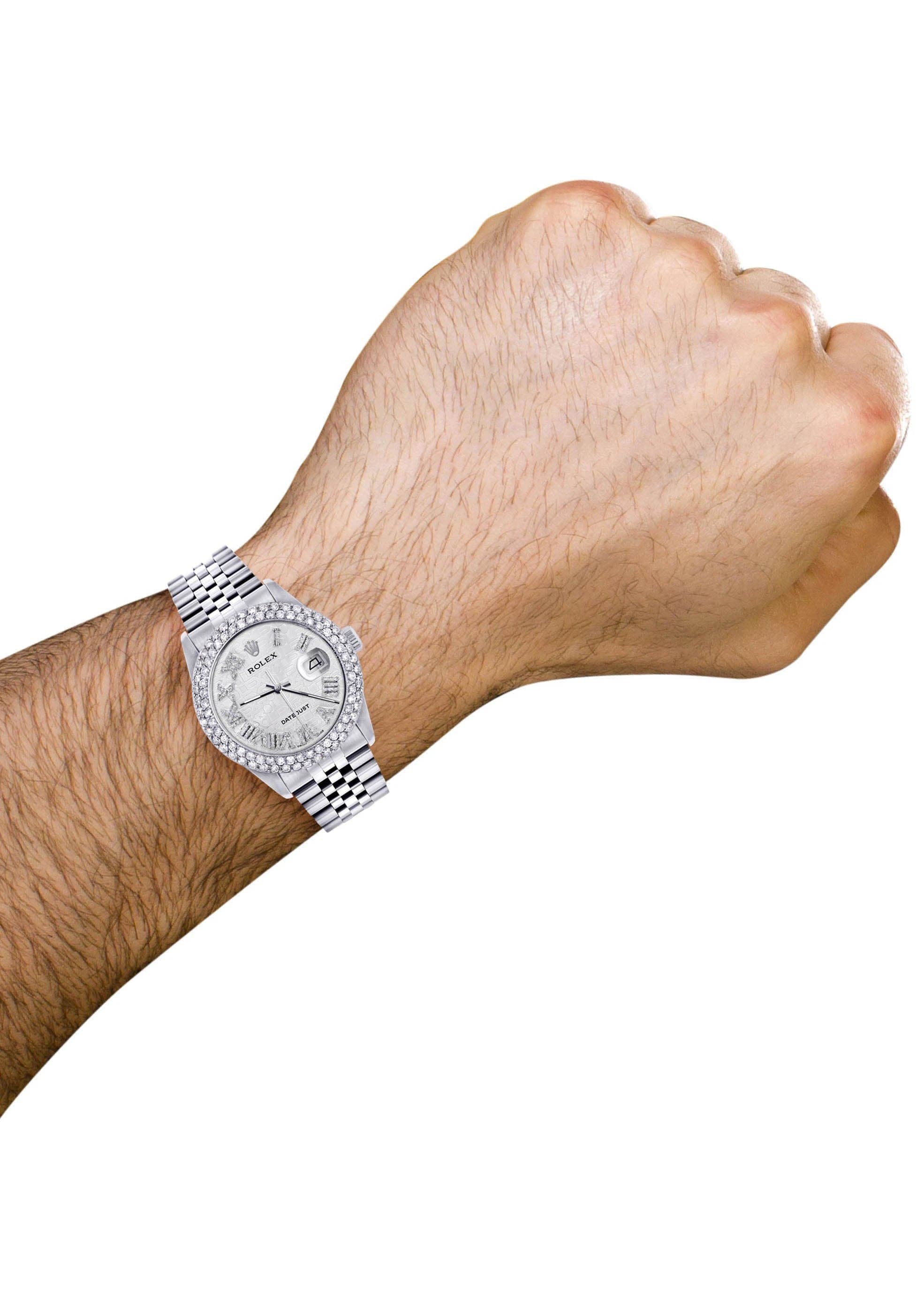 Mens Rolex Datejust Watch 16200 | 36Mm | White Texture Roman Numeral Dial | Two Row 4.25 Carat Bezel | Jubilee Band - Image 3