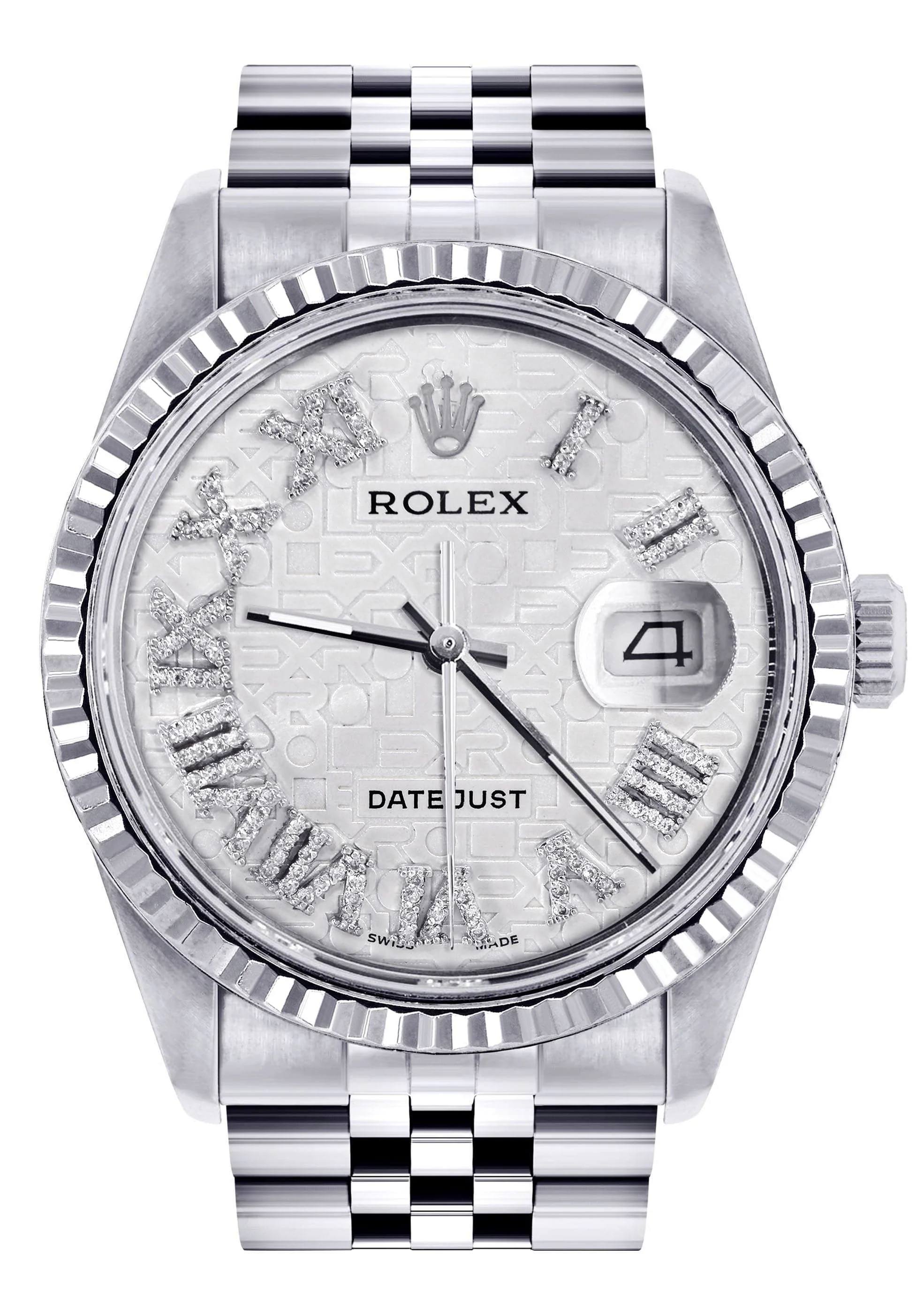 Mens Rolex Datejust Watch 16200 | Fluted Bezel | 36Mm | White Textured Roman Numeral Dial | Jubilee Band