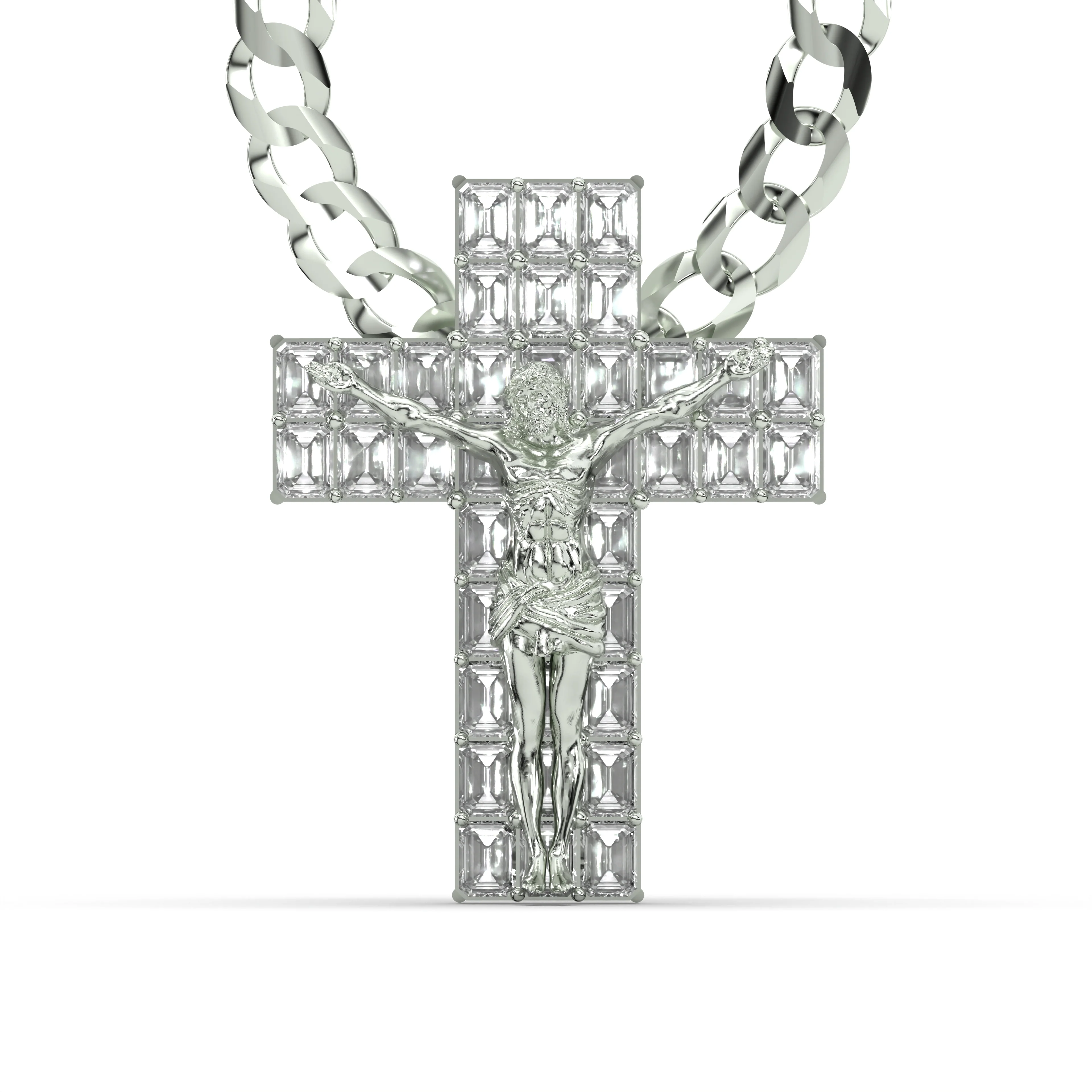 Men's VVS Lab Emerald Cut Diamond Customizable White Gold Cross Necklace Pendant