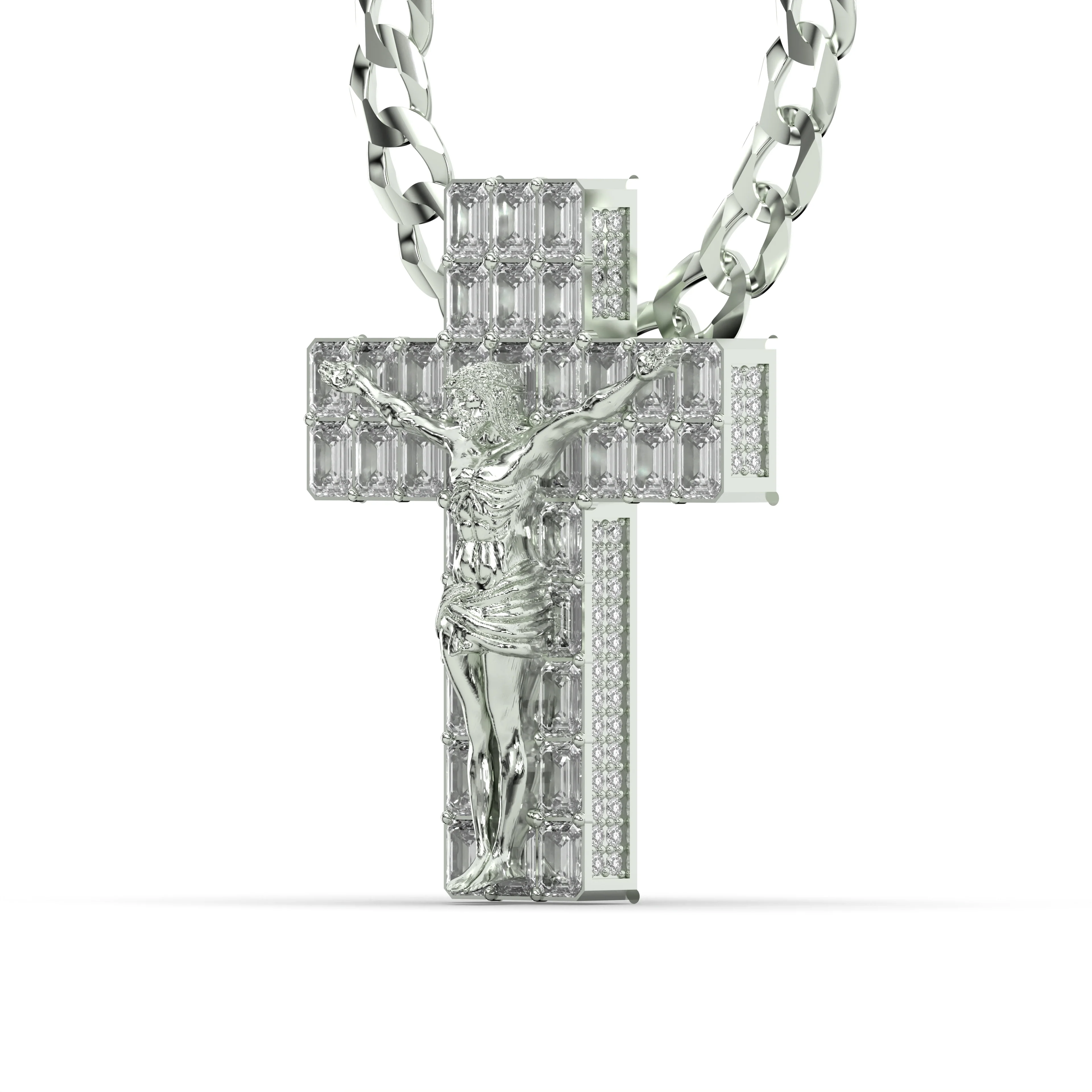 Men's VVS Lab Emerald Cut Diamond Customizable White Gold Cross Necklace Pendant - Image 2