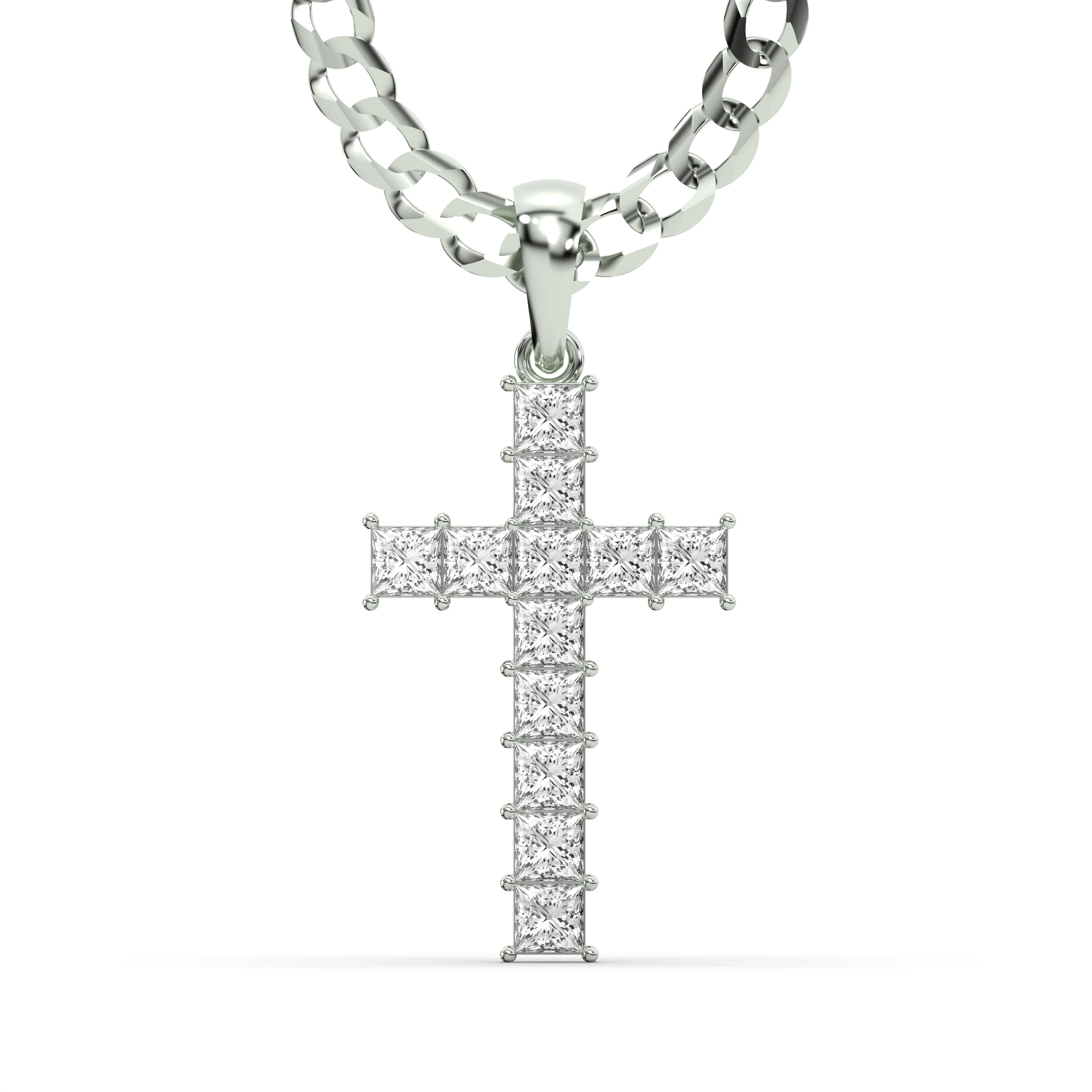 Men's VVS Princess Lab Diamond Customizable White Gold Cross Necklace Pendant