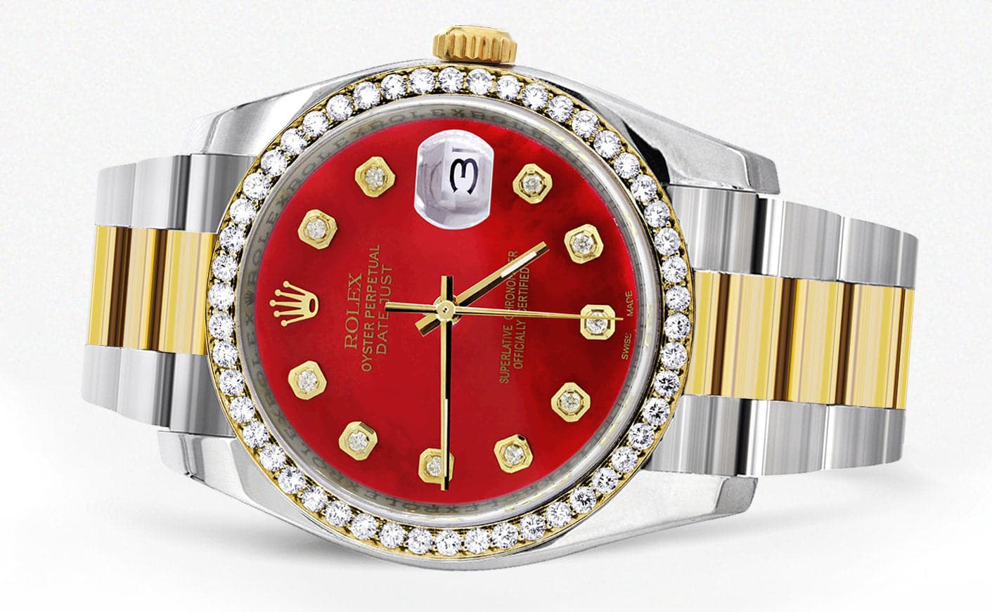 116233 | Diamond Gold Rolex Watch For Men | 36Mm | Red Dial | Oyster Band - Image 4