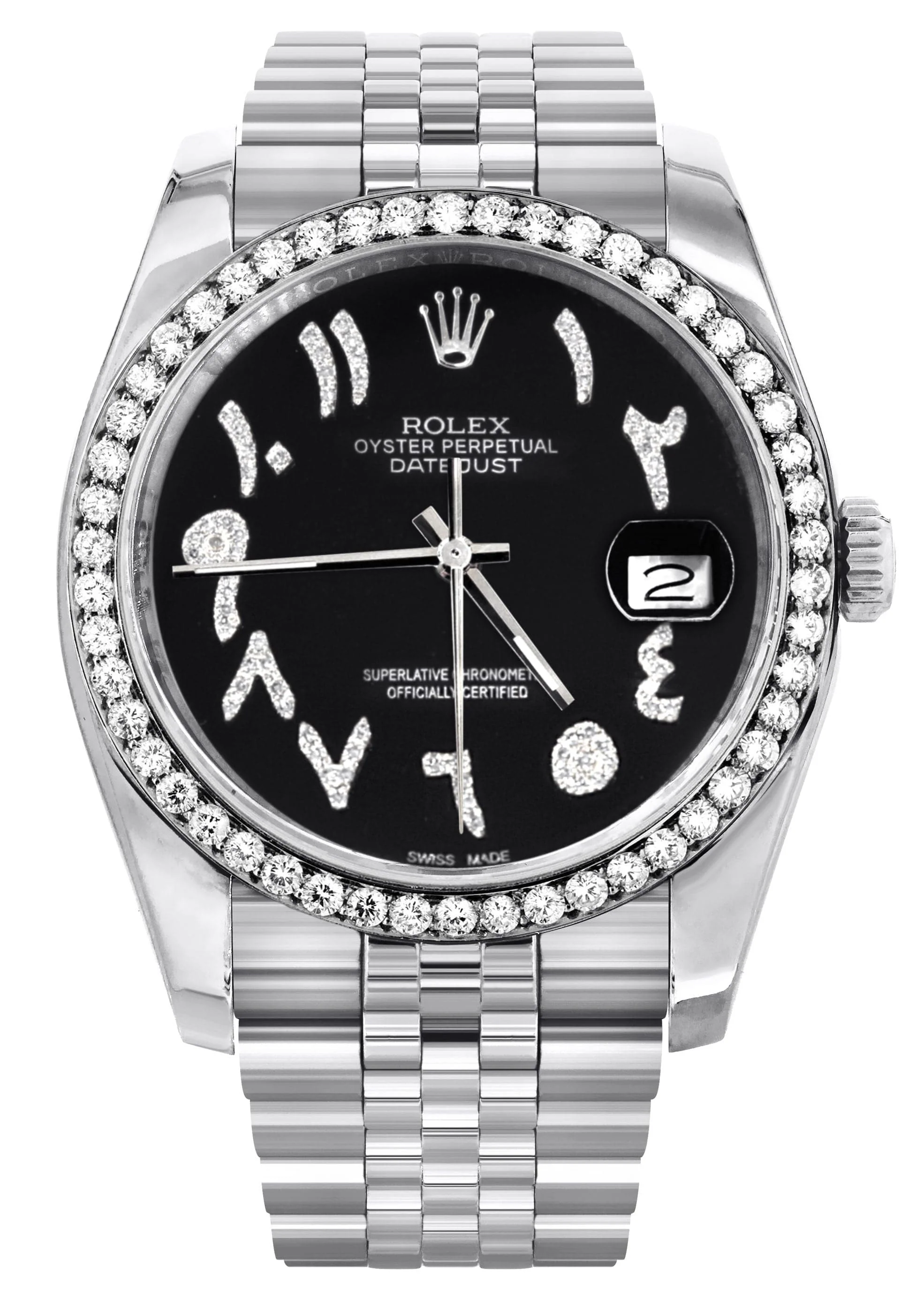 116200 | Hidden Clasp | Diamond Rolex Datejust Watch | 36Mm | Black Arabic Diamond Dial | Jubilee Band