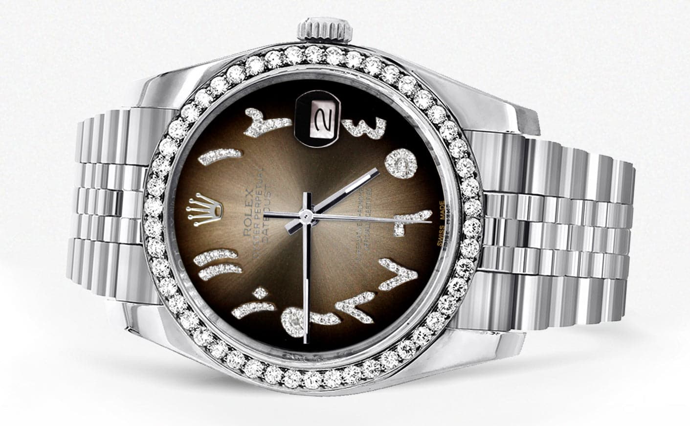 116200 | Hidden Clasp | Diamond Rolex Datejust Watch | 36Mm | Brown Arabic Diamond Dial | Jubilee Band - Image 2