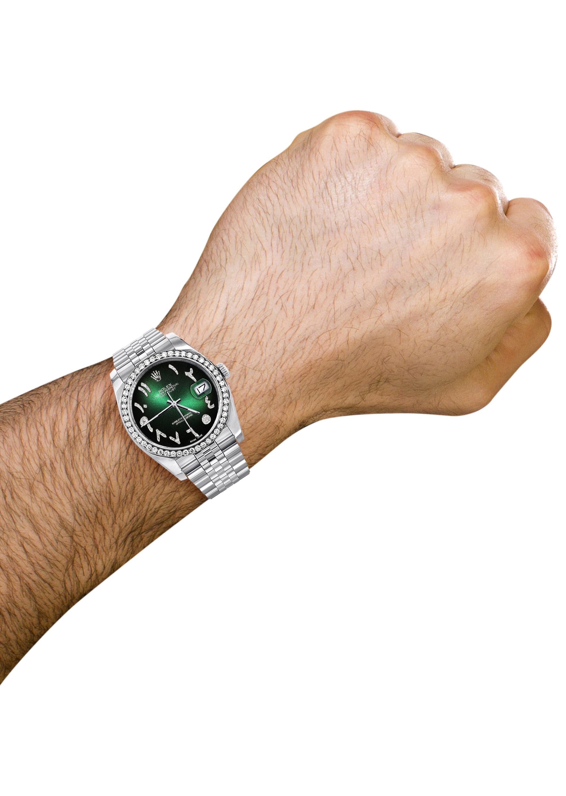 116200 | Hidden Clasp | Diamond Rolex Datejust Watch | 36Mm | Green Black Arabic Diamond Dial | Jubilee Band - Image 3