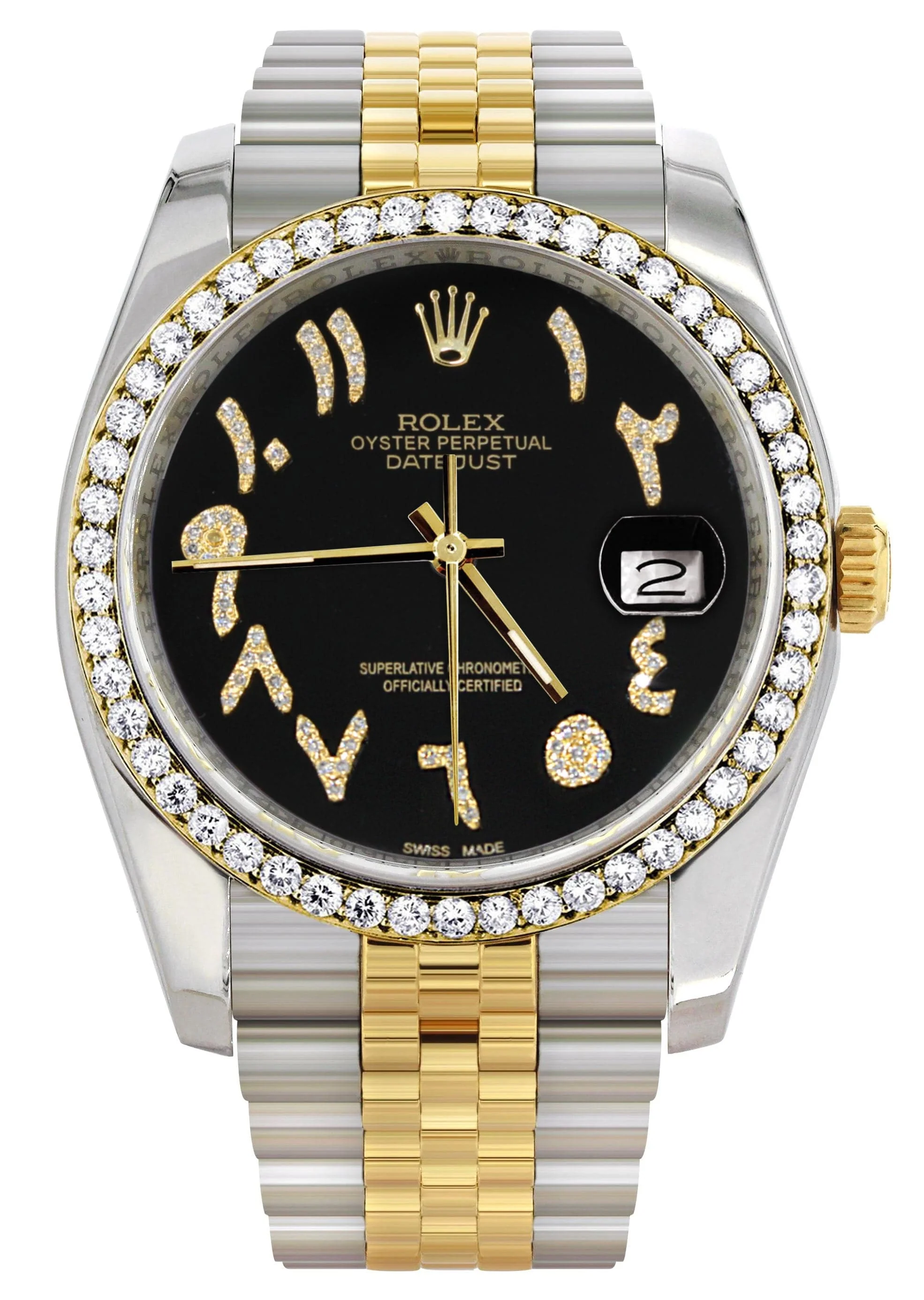 116233 | Hidden Clasp | Gold & Steel Rolex Datejust Watch | 36Mm | Black Arabic Diamond Dial | Jubilee Band