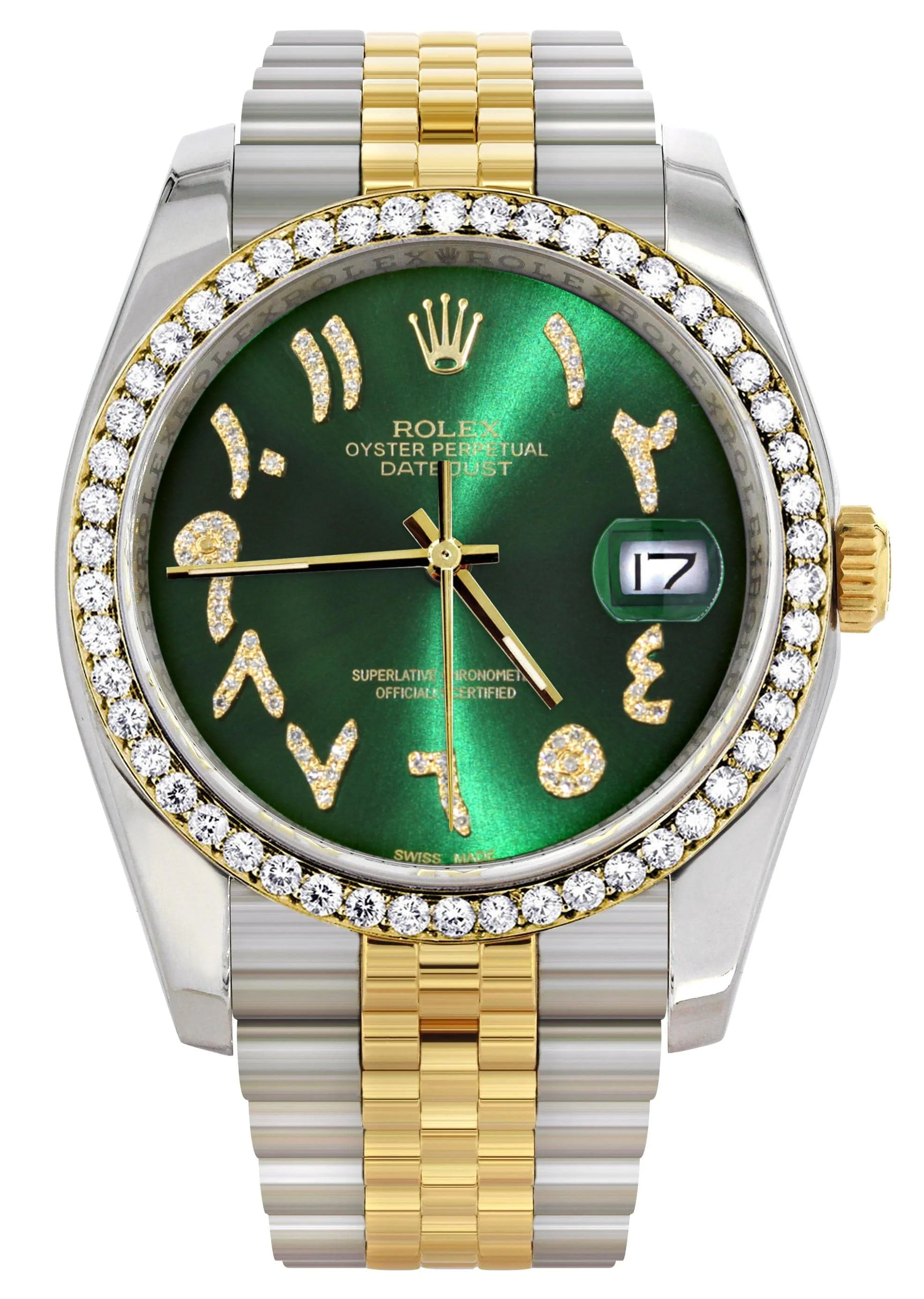 116233 | Hidden Clasp | Gold & Steel Rolex Datejust Watch | 36Mm | Green Arabic Diamond Dial | Jubilee Band