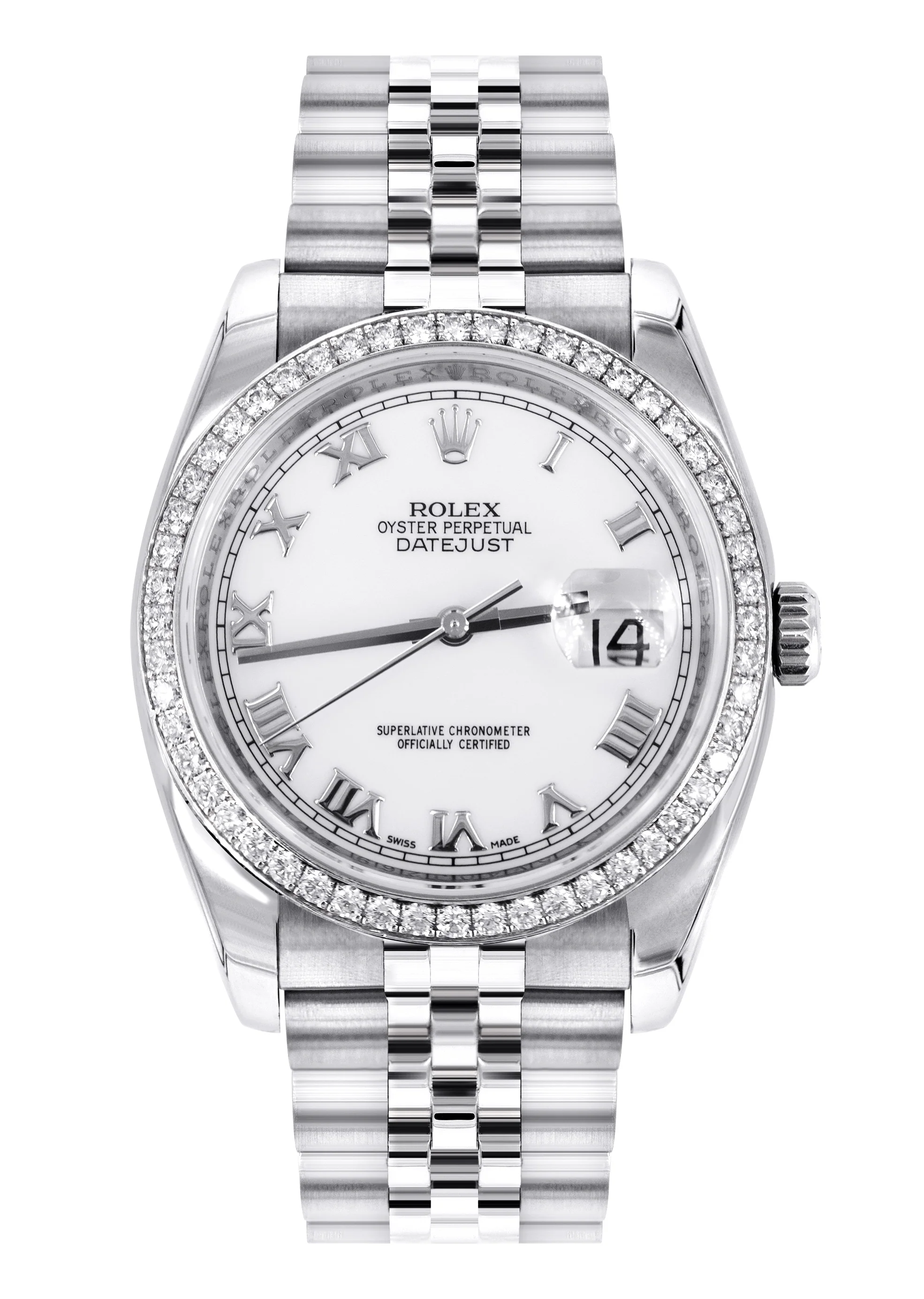 ROLEX DATEJUST 36 MM | JUBILEE BAND STEEL WATCH | 116244| FACTORY DIAMOND BEZEL | WHITE ROMAN