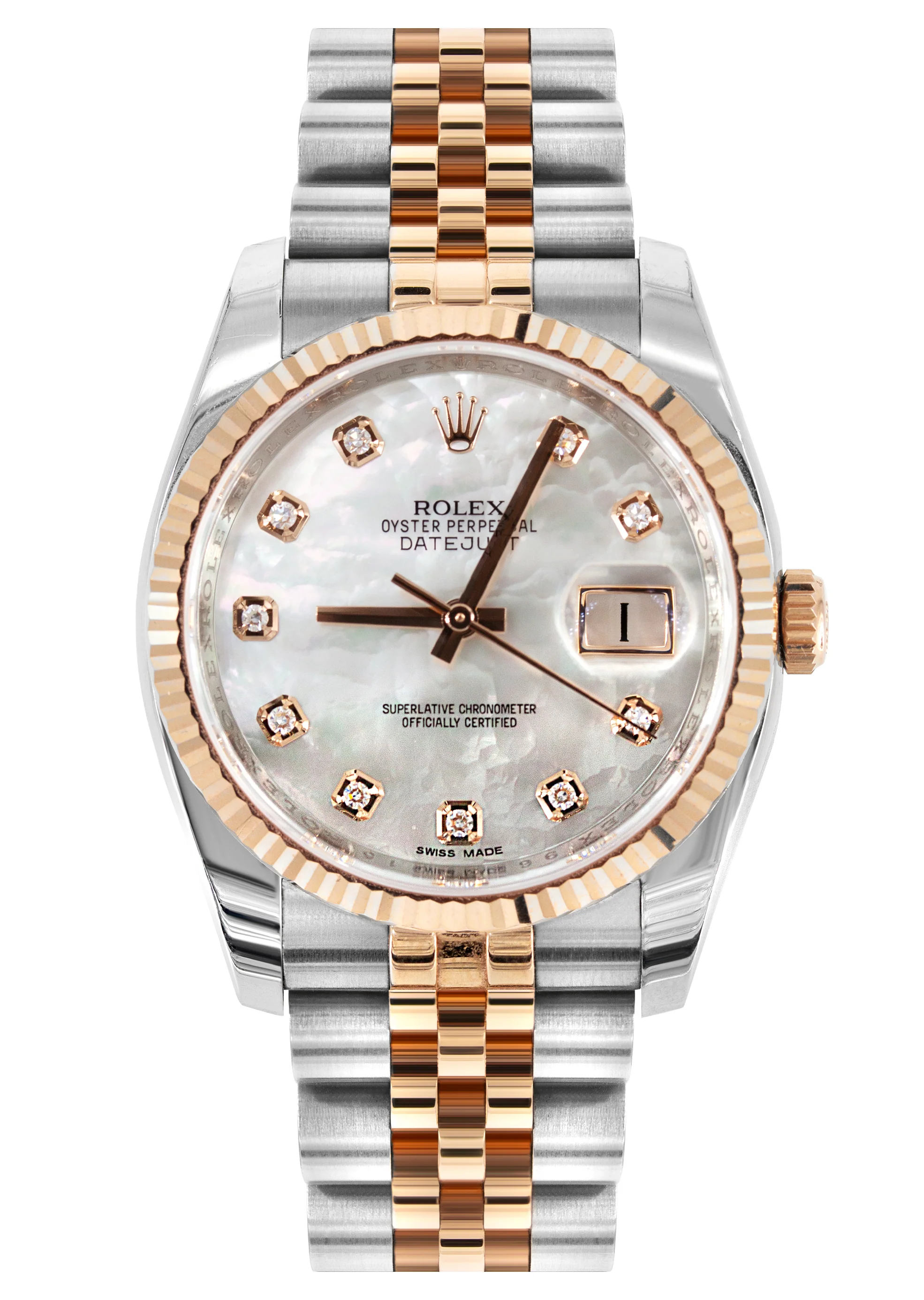 ROLEX DATEJUST 36 MM | TWO TONE 18K ROSE & STEEL WATCH | FACTORY MOTHER OF PEARL DIAMOND DIAL| 116231 | 18K FLUTED BEZEL