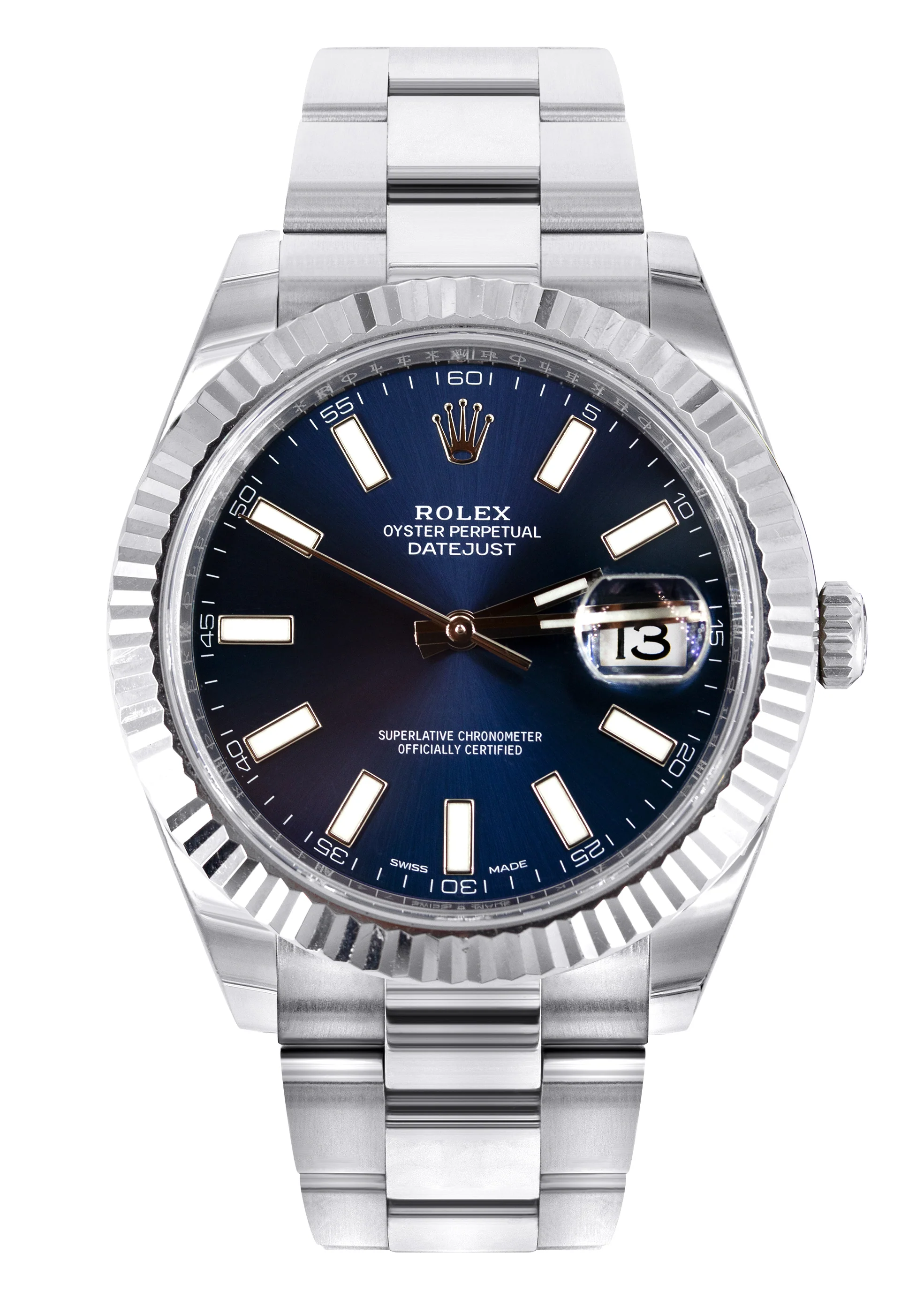 ROLEX DATEJUST 41 MM | OYSTER BAND | STEEL WATCH | BLUE STICK DIAL | 18K FLUTED BEZEL