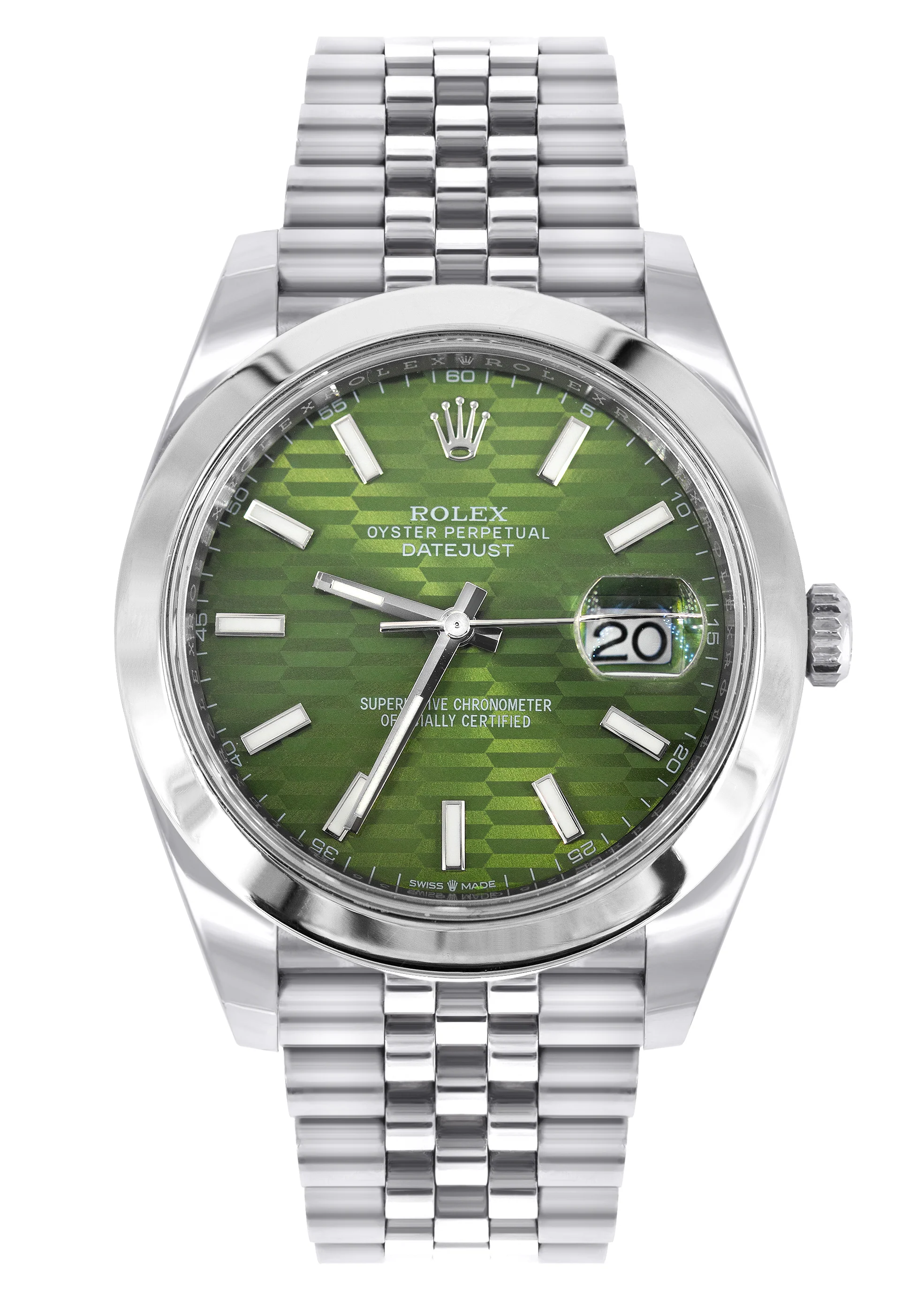 ROLEX DATEJUST 41 MM | OYSTER STEEL WATCH | GREEN MOTIF DIAL| 126300 | SMOOTH BEZEL