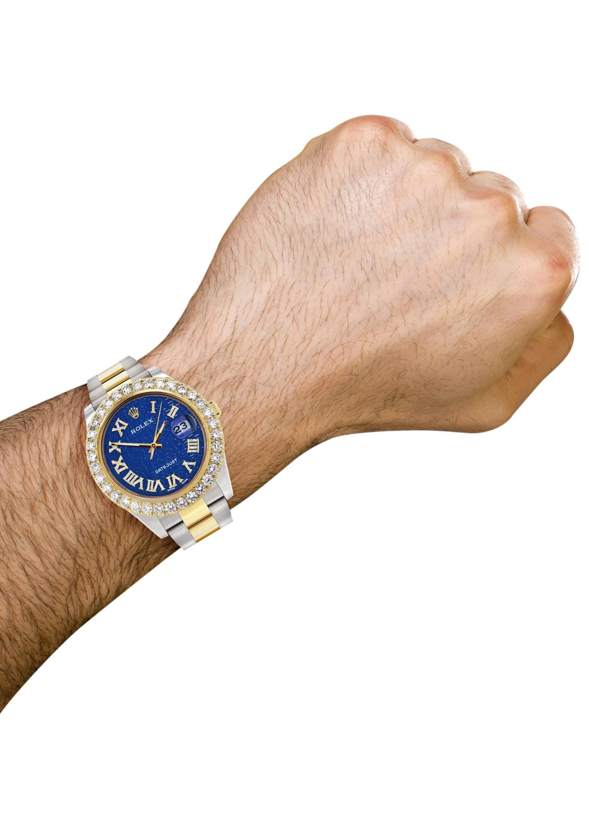 Rolex Datejust II Watch | 41 MM | 18K Yellow Gold & Stainless Steel | Custom Blue Text Pattern Roman Dial | Oyster Band - Image 3