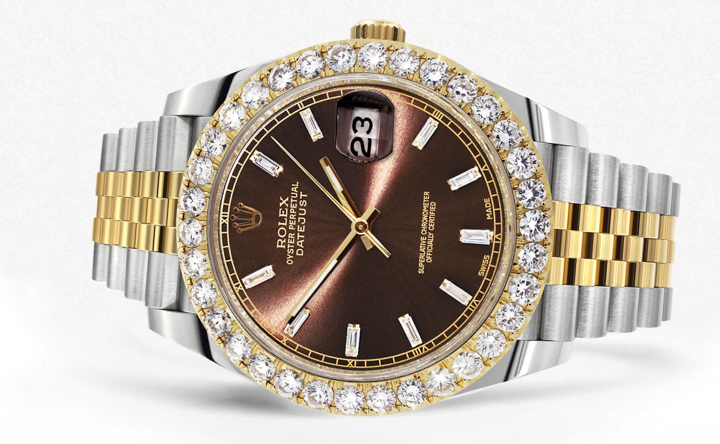 Rolex Datejust 41 Watch | 41 MM | 18K Yellow Gold & Stainless Steel | Custom Brown Baguette Diamond Dial | Jubilee Band - Image 2