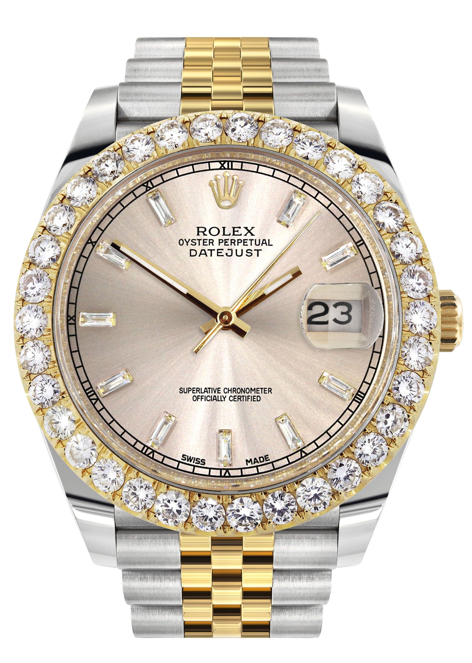 Rolex Datejust 41 Watch | 41 MM | 18K Yellow Gold & Stainless Steel | Custom Crème Baguette Diamond Dial | Jubilee Band