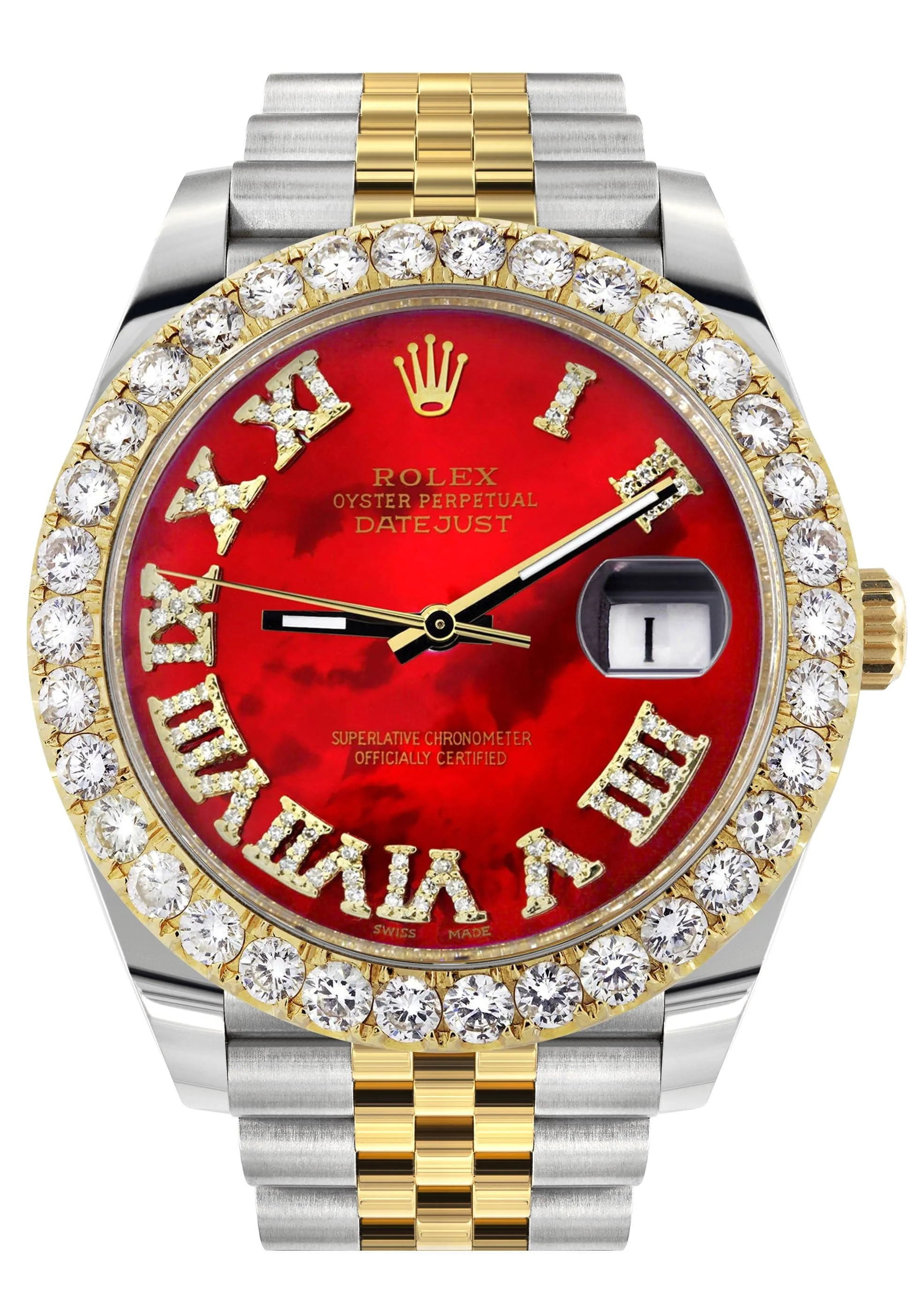 Rolex Datejust 41 Watch | 41 MM | 18K Yellow Gold & Stainless Steel | Custom Red Mother of Pearl Roman Dial | Jubilee Band