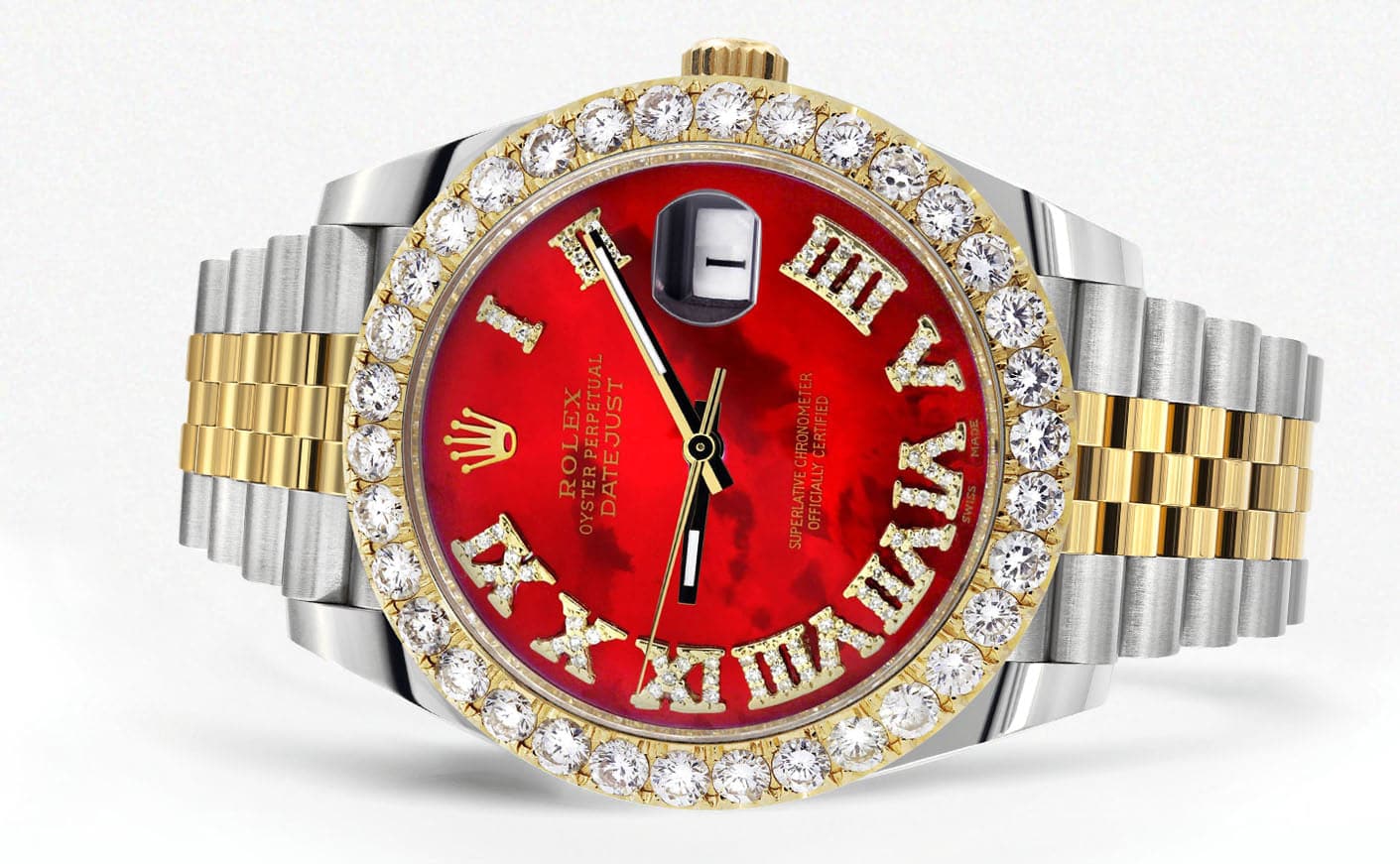 Rolex Datejust 41 Watch | 41 MM | 18K Yellow Gold & Stainless Steel | Custom Red Mother of Pearl Roman Dial | Jubilee Band - Image 2