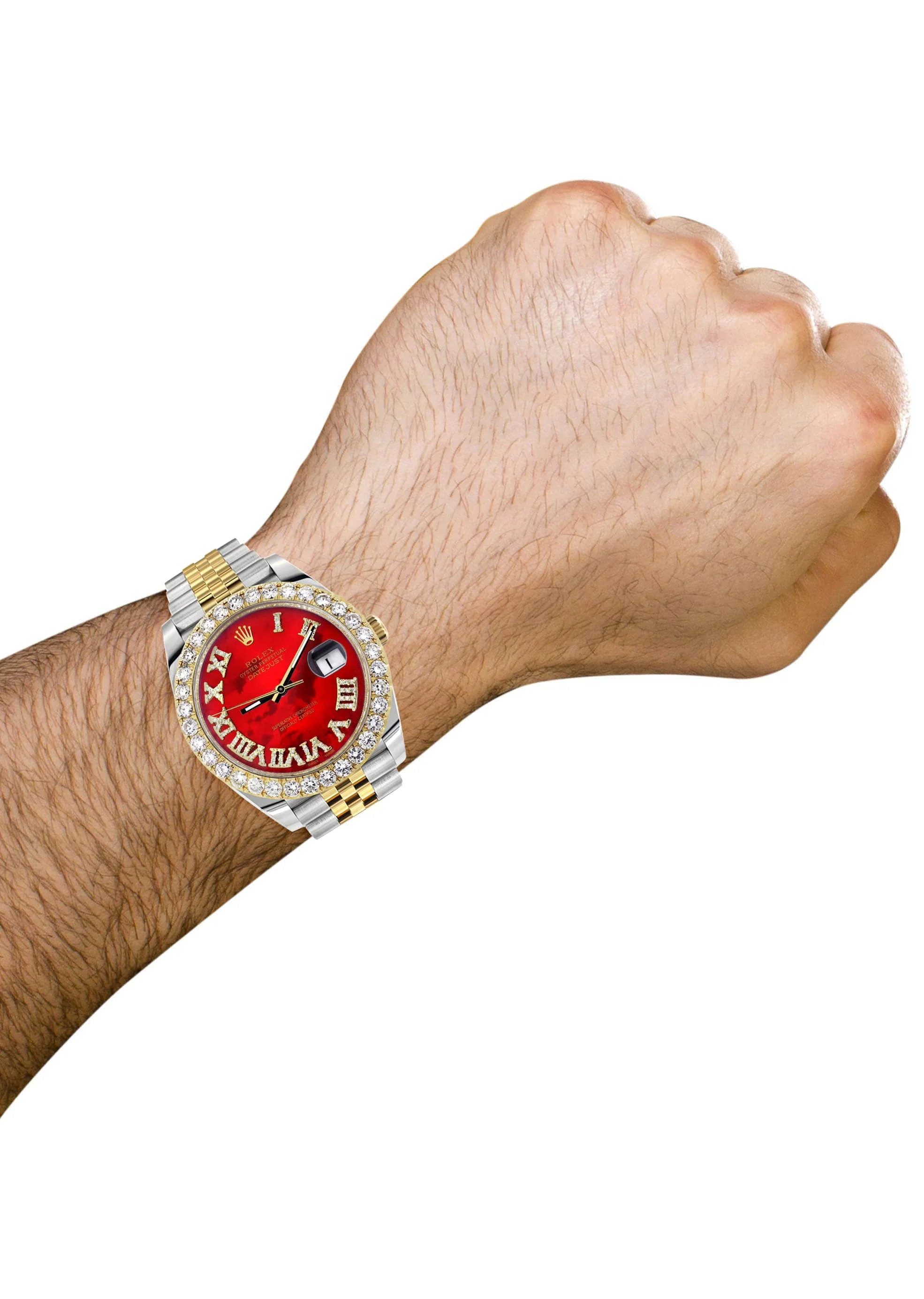 Rolex Datejust 41 Watch | 41 MM | 18K Yellow Gold & Stainless Steel | Custom Red Mother of Pearl Roman Dial | Jubilee Band - Image 3