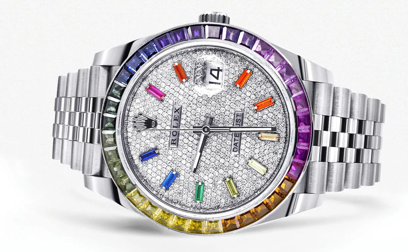 Rolex Datejust 41 Watch | 41 MM | Rainbow Sapphire Bezel | Rainbow Baguettes Diamond Dial | Jubilee Band - Image 2
