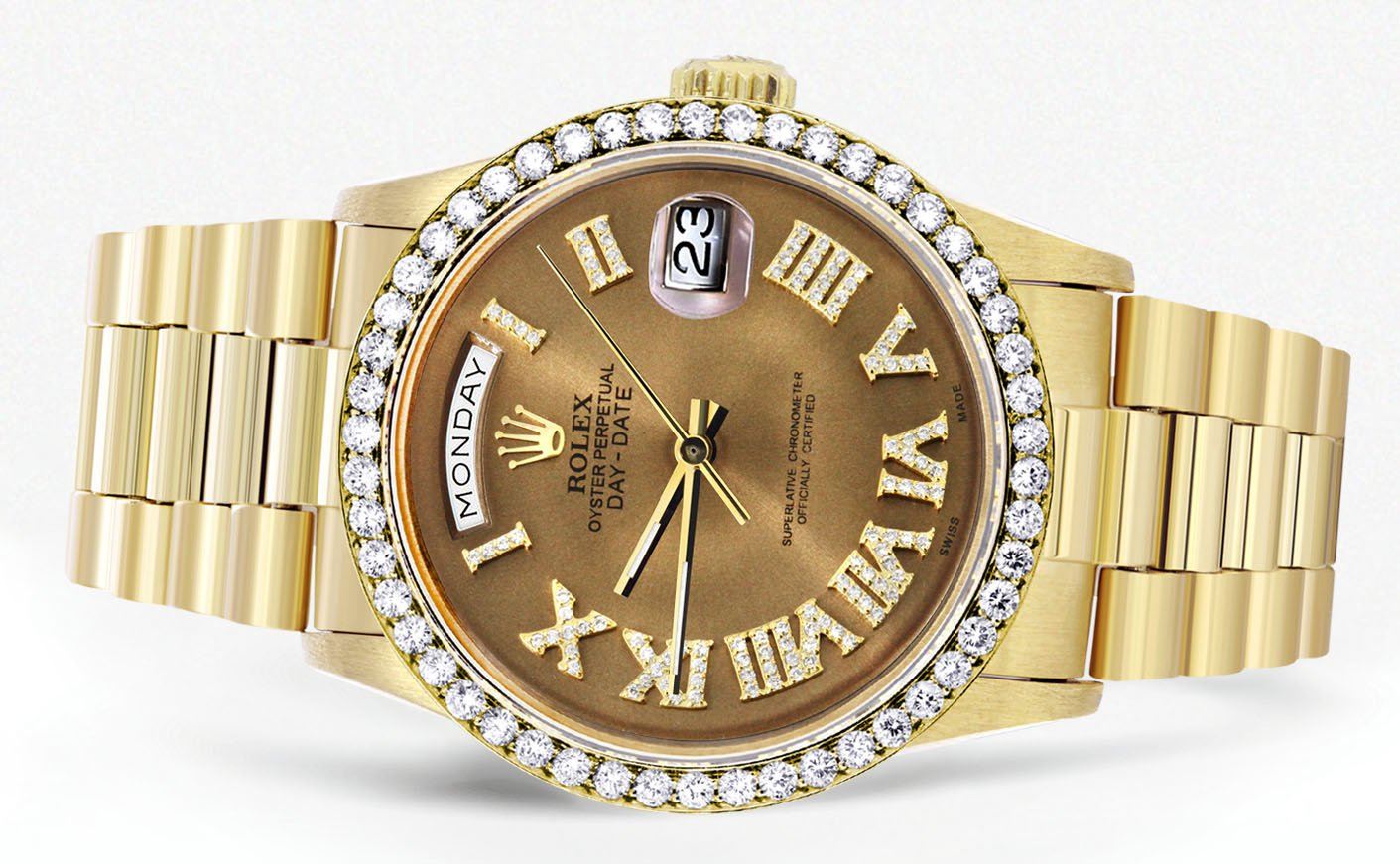 Rolex Day-Date | Presidential | Model 18238 | 18K Yellow Gold | Diamond Bezel | Diamond Roman Chocolate Dial - Image 2