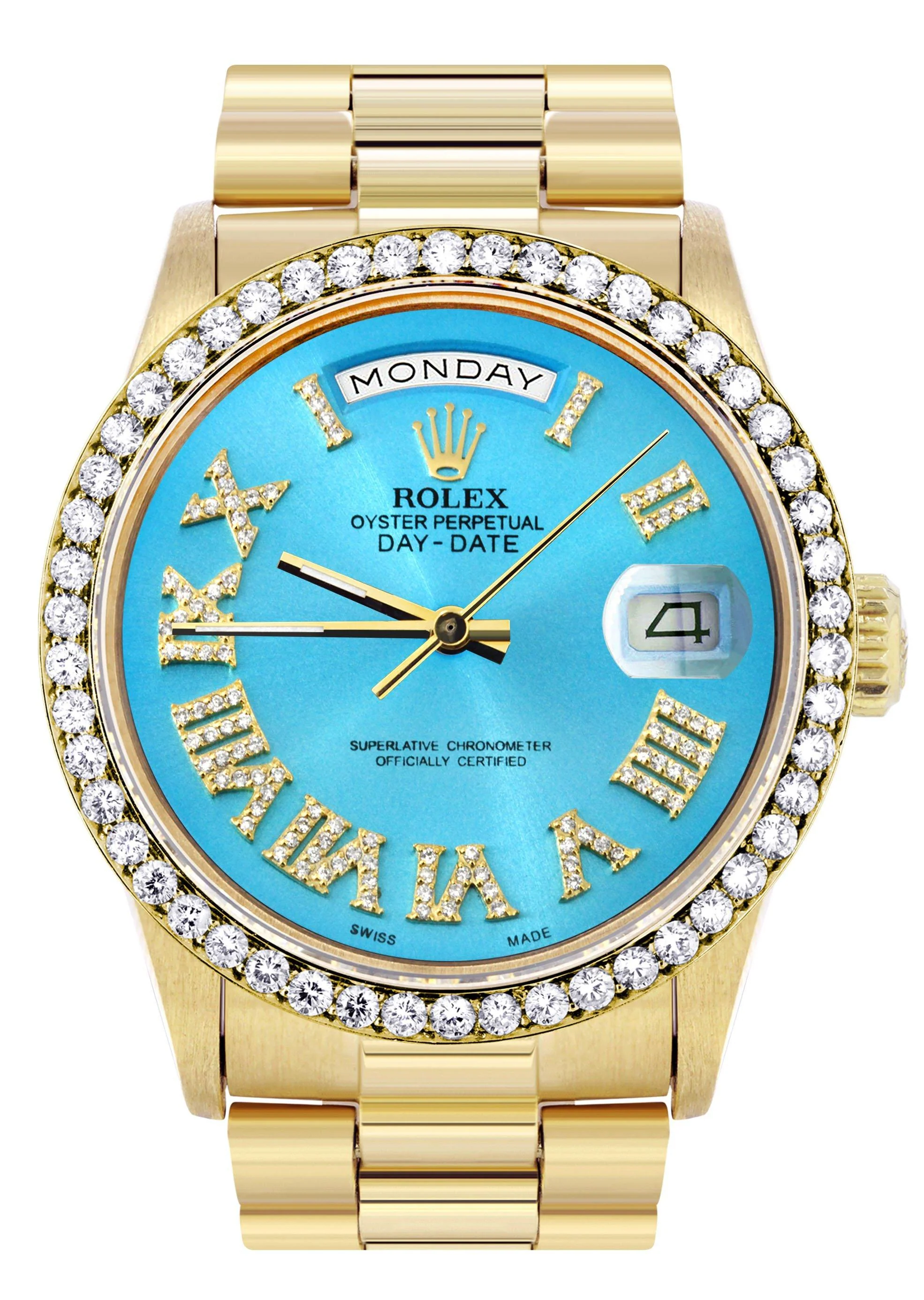 Rolex Day-Date | Presidential | Model 18238 | 18K Yellow Gold | Diamond Bezel | Light Blue Diamond Roman Dial