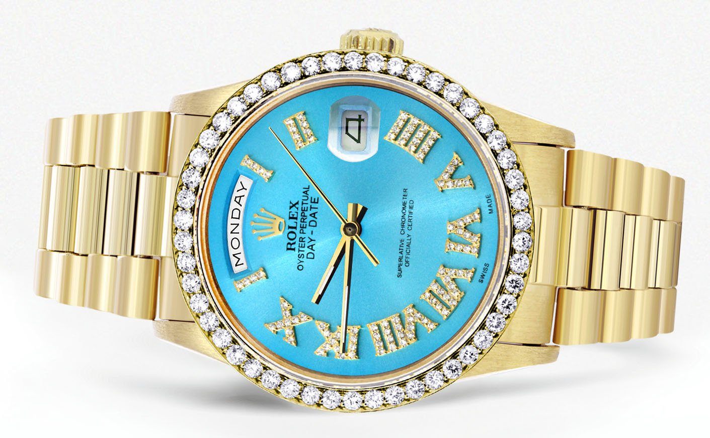 Rolex Day-Date | Presidential | Model 18238 | 18K Yellow Gold | Diamond Bezel | Light Blue Diamond Roman Dial - Image 2