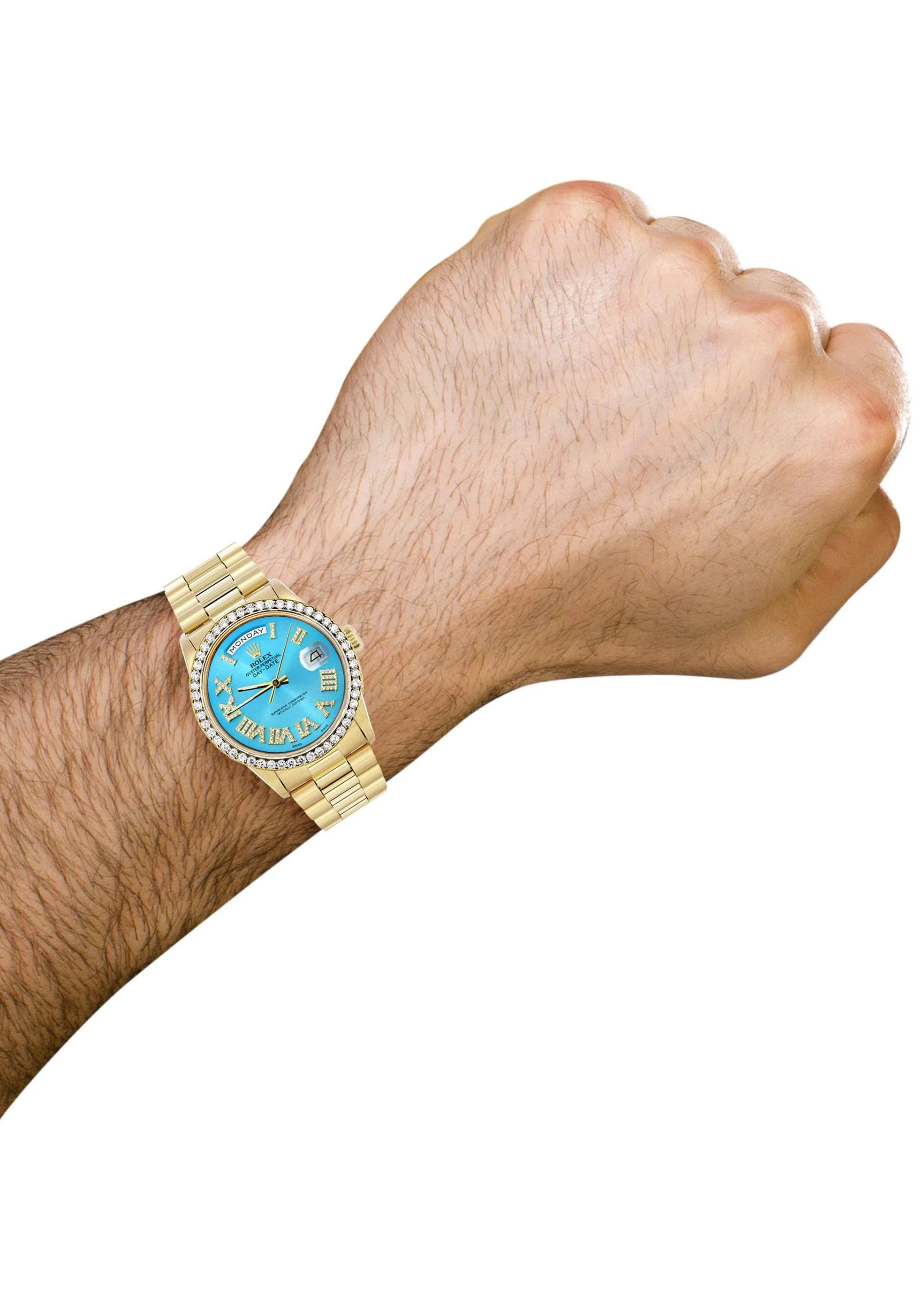 Rolex Day-Date | Presidential | Model 18238 | 18K Yellow Gold | Diamond Bezel | Light Blue Diamond Roman Dial - Image 5