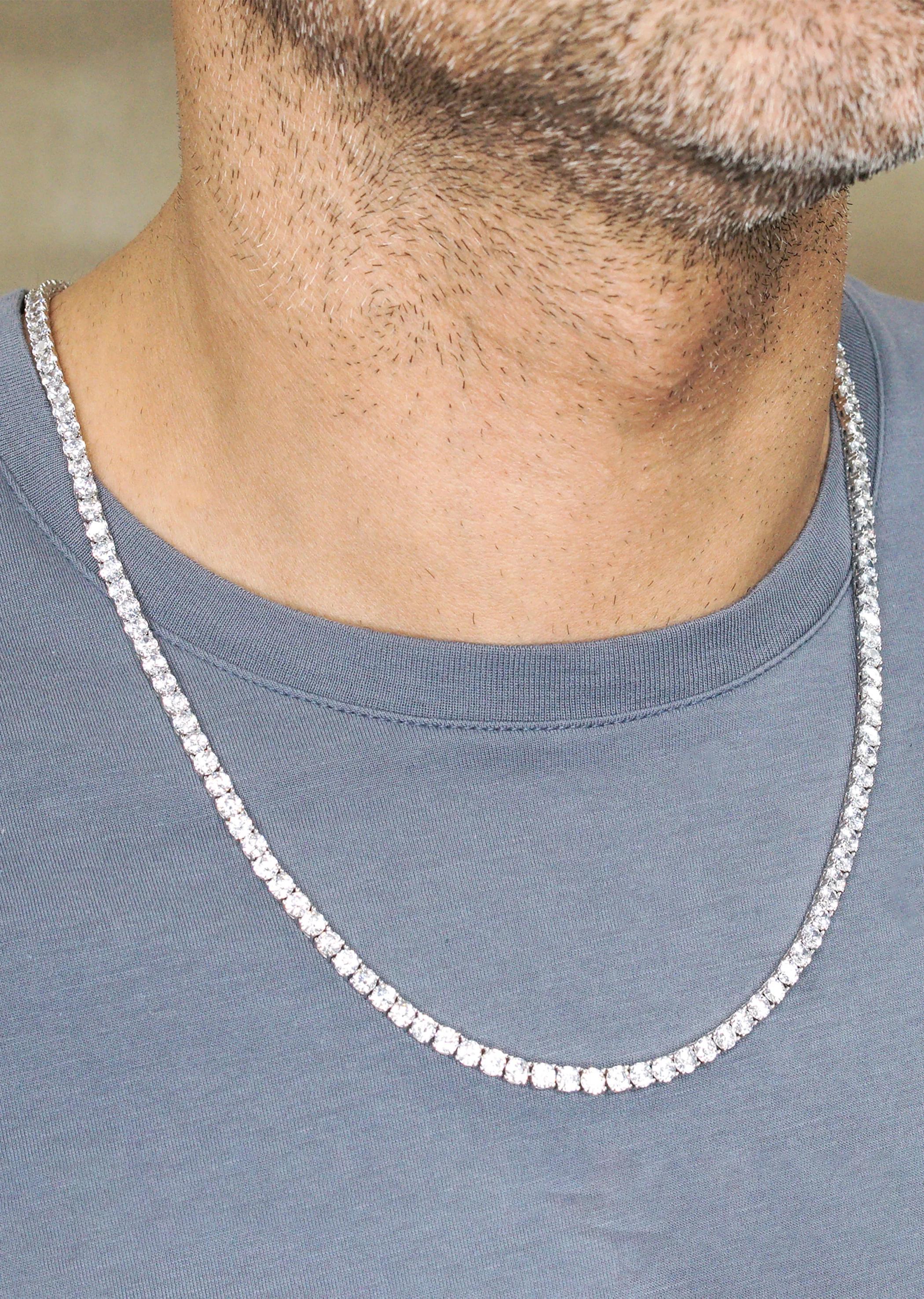 Silver Chain - Mens White Tennis Chain / Necklace - 4 MM - Image 4