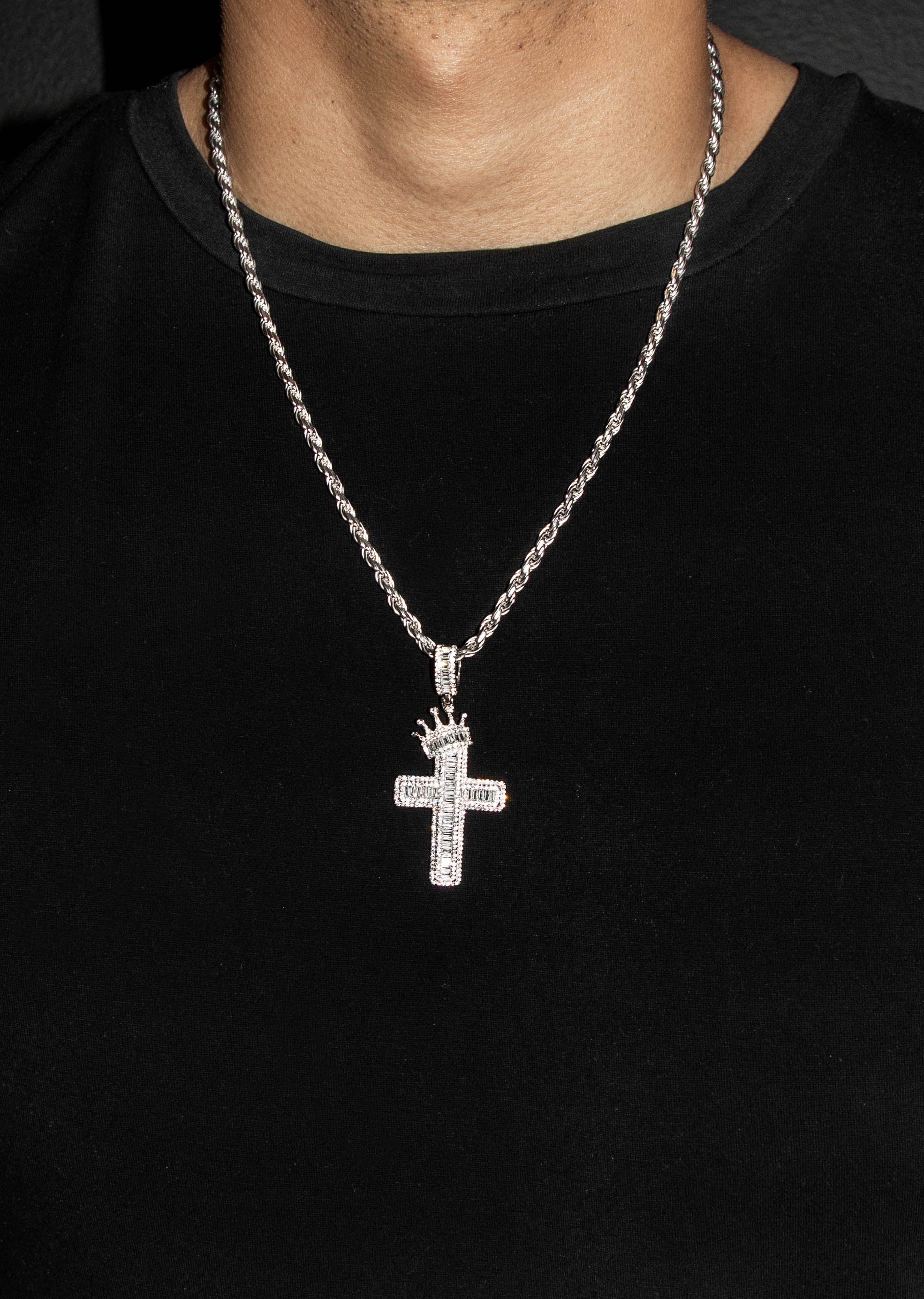 Silver Crown Cross Baguette Necklace | 33 Grams - Image 5