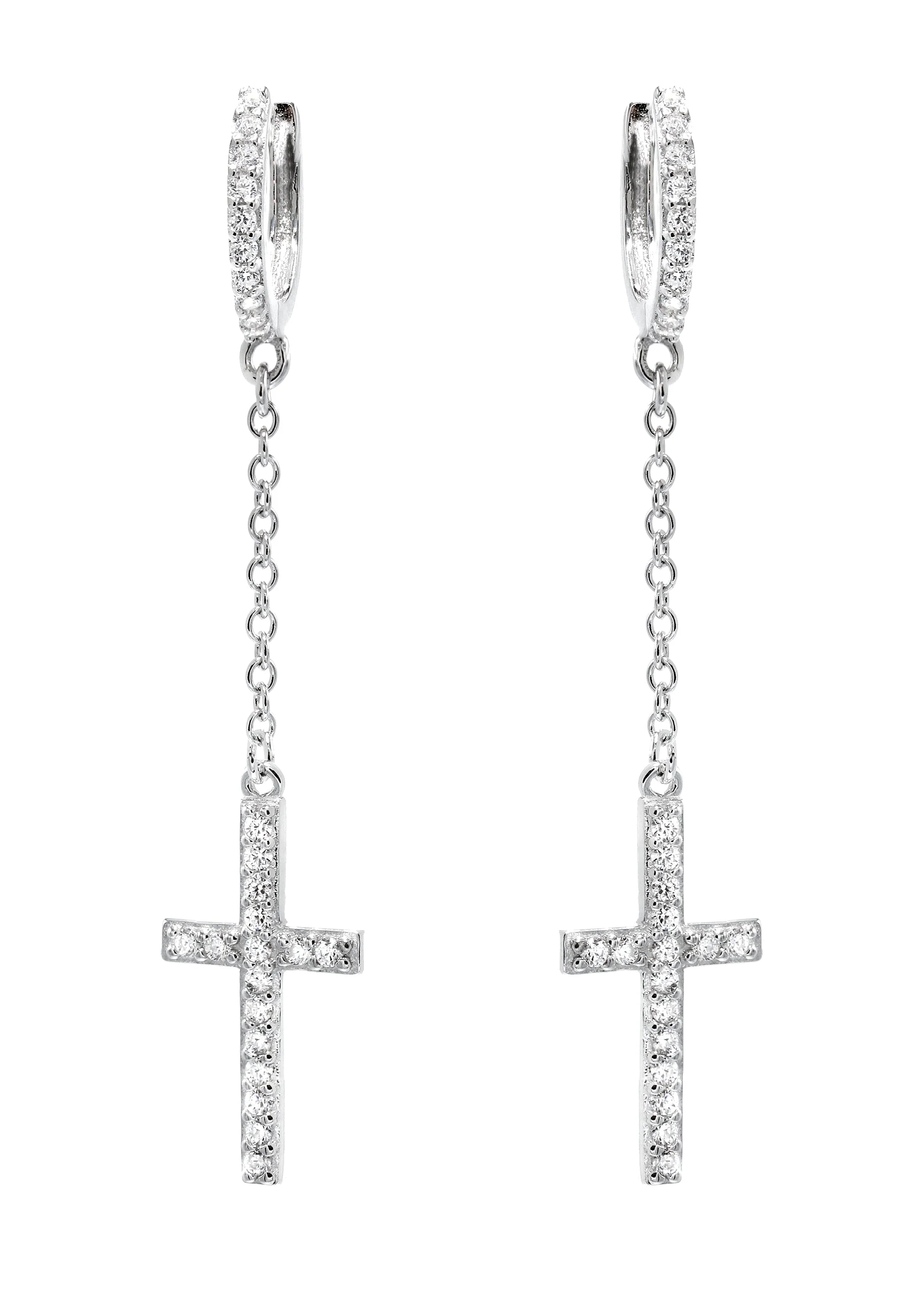 Silver Cross CZ Wire Dangling Hoop Earrings | Appx. 2.5 Grams
