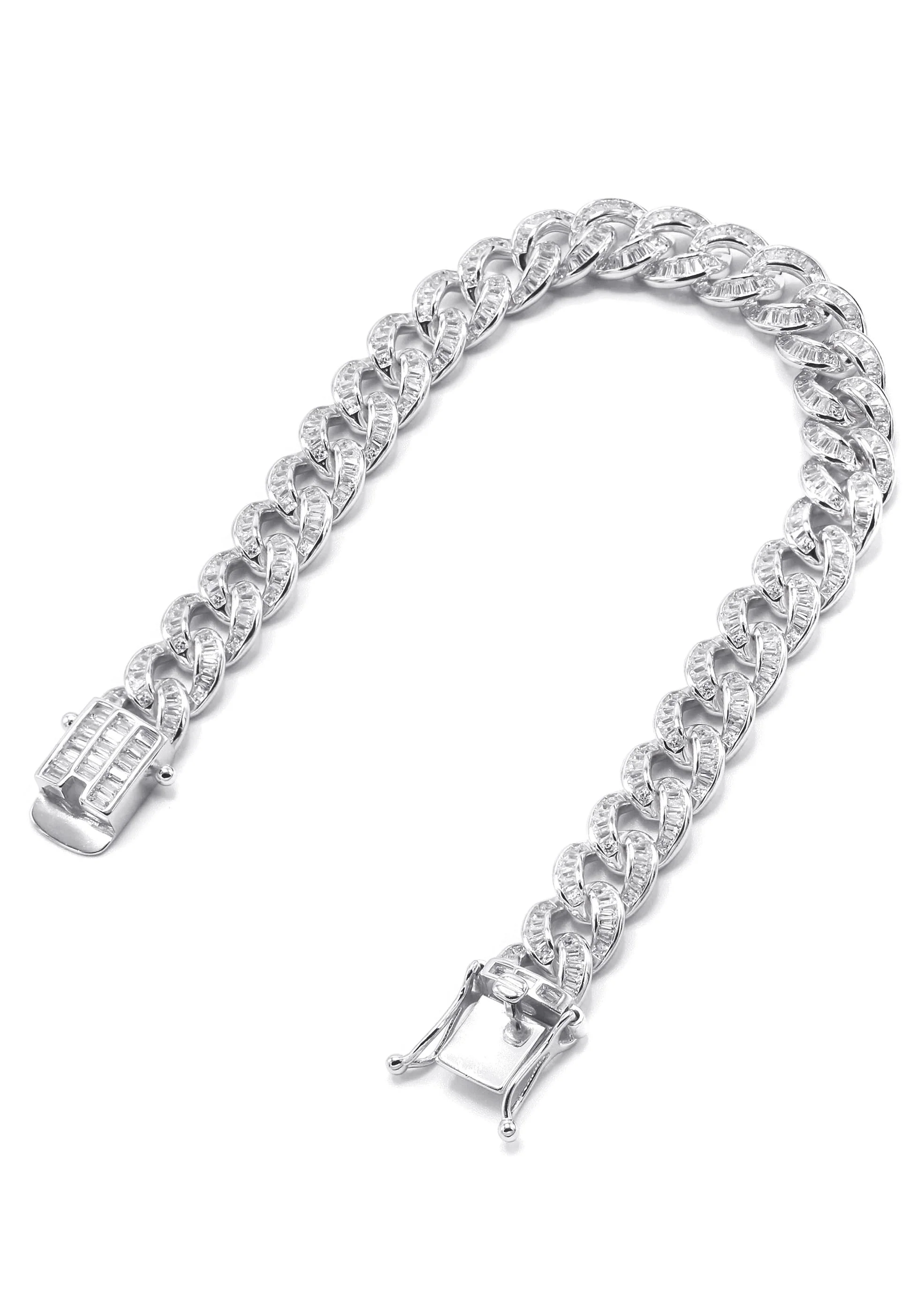 Silver White Baguette CZ Ice Curb Bracelet - Image 2