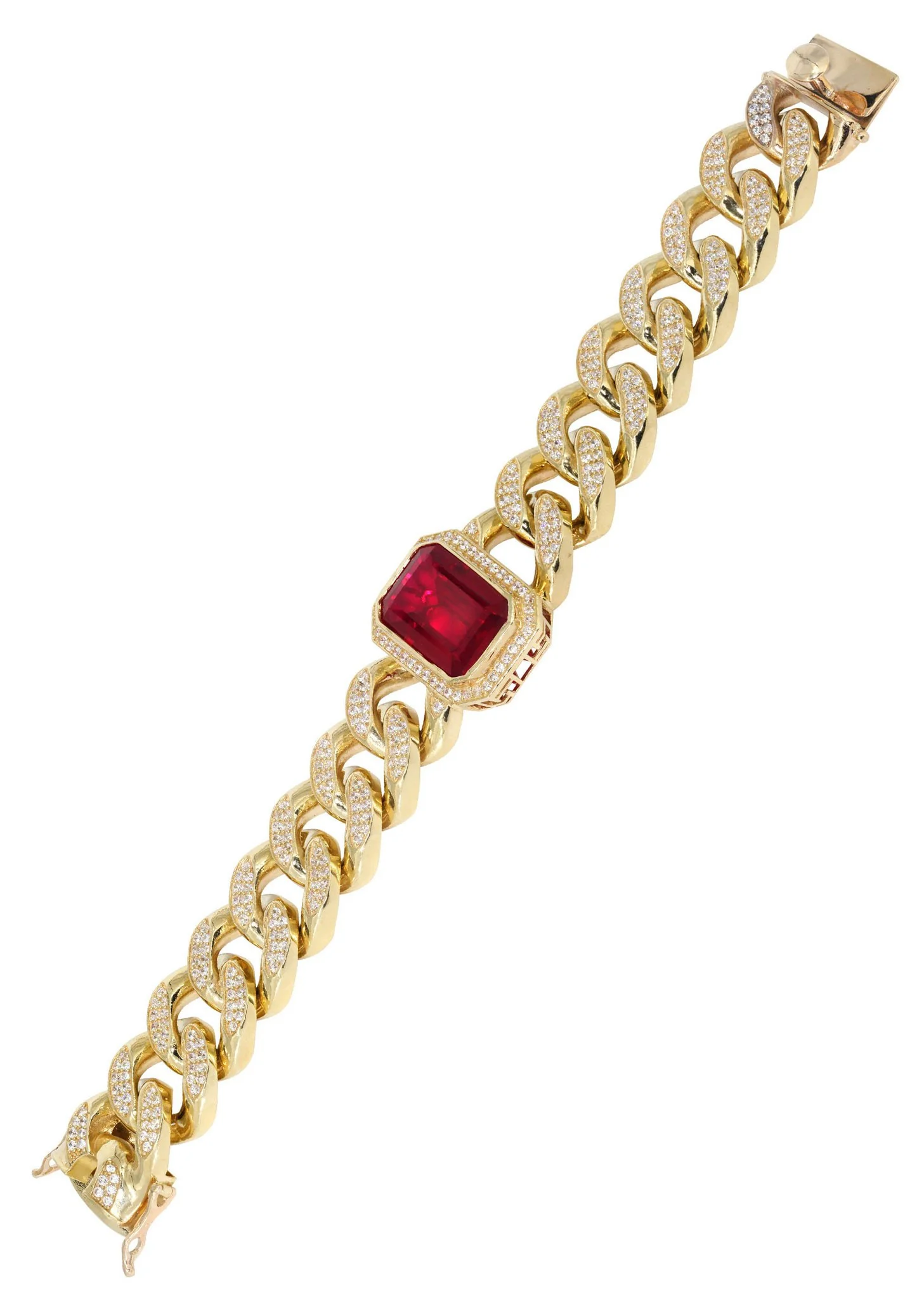Solid Mens Ruby Miami Cuban Link Bracelet 10K Yellow Gold - Image 3