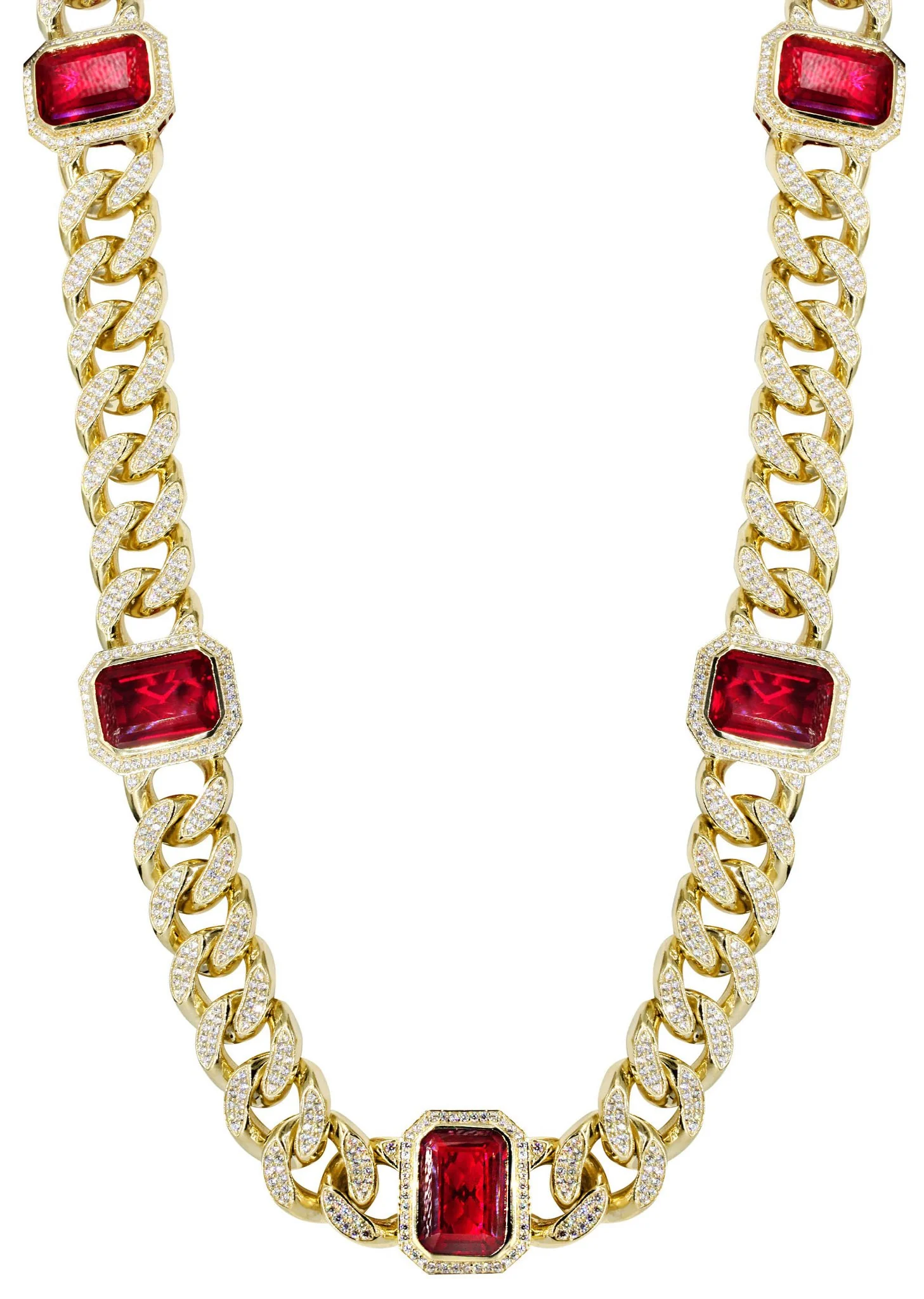 Solid Mens Ruby & Cz Miami Cuban Link Chain 10K Yellow Gold - Image 3