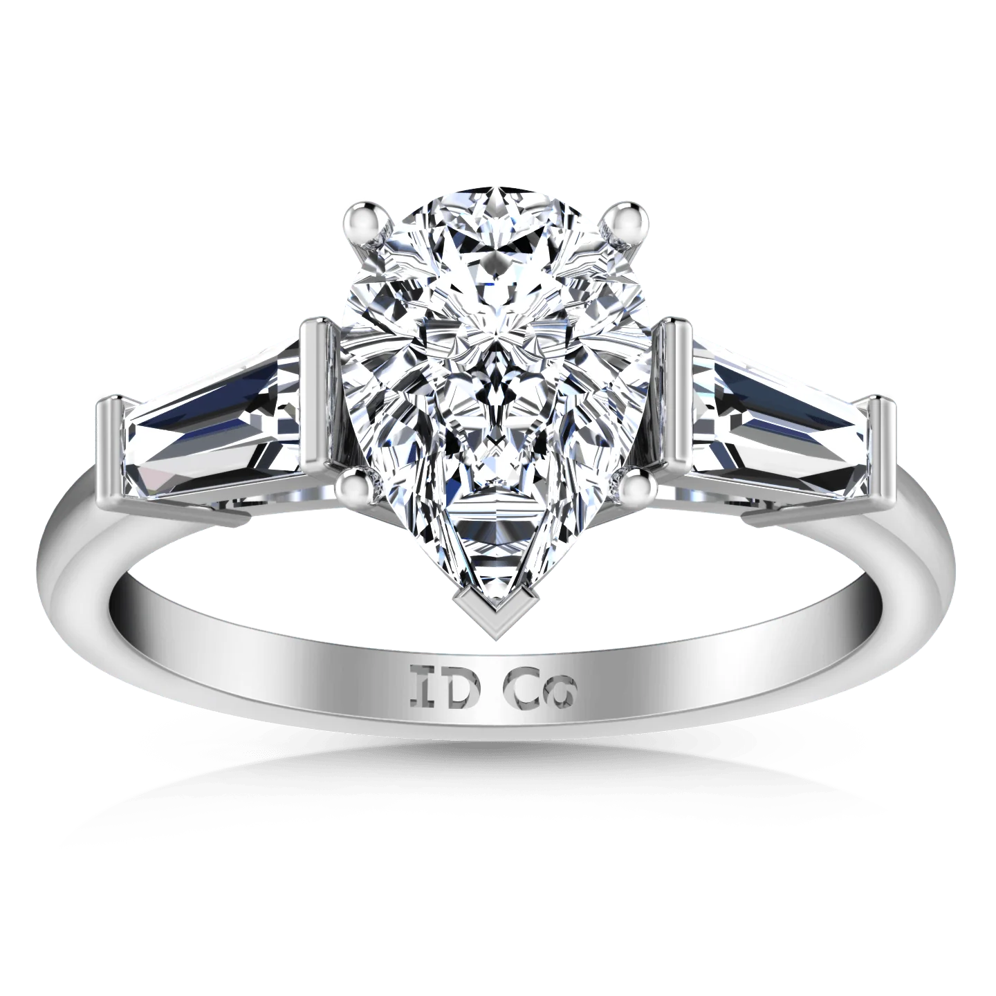 Three Stone Pear Diamond Engagement Ring Tapered Baguette 14K White Gold