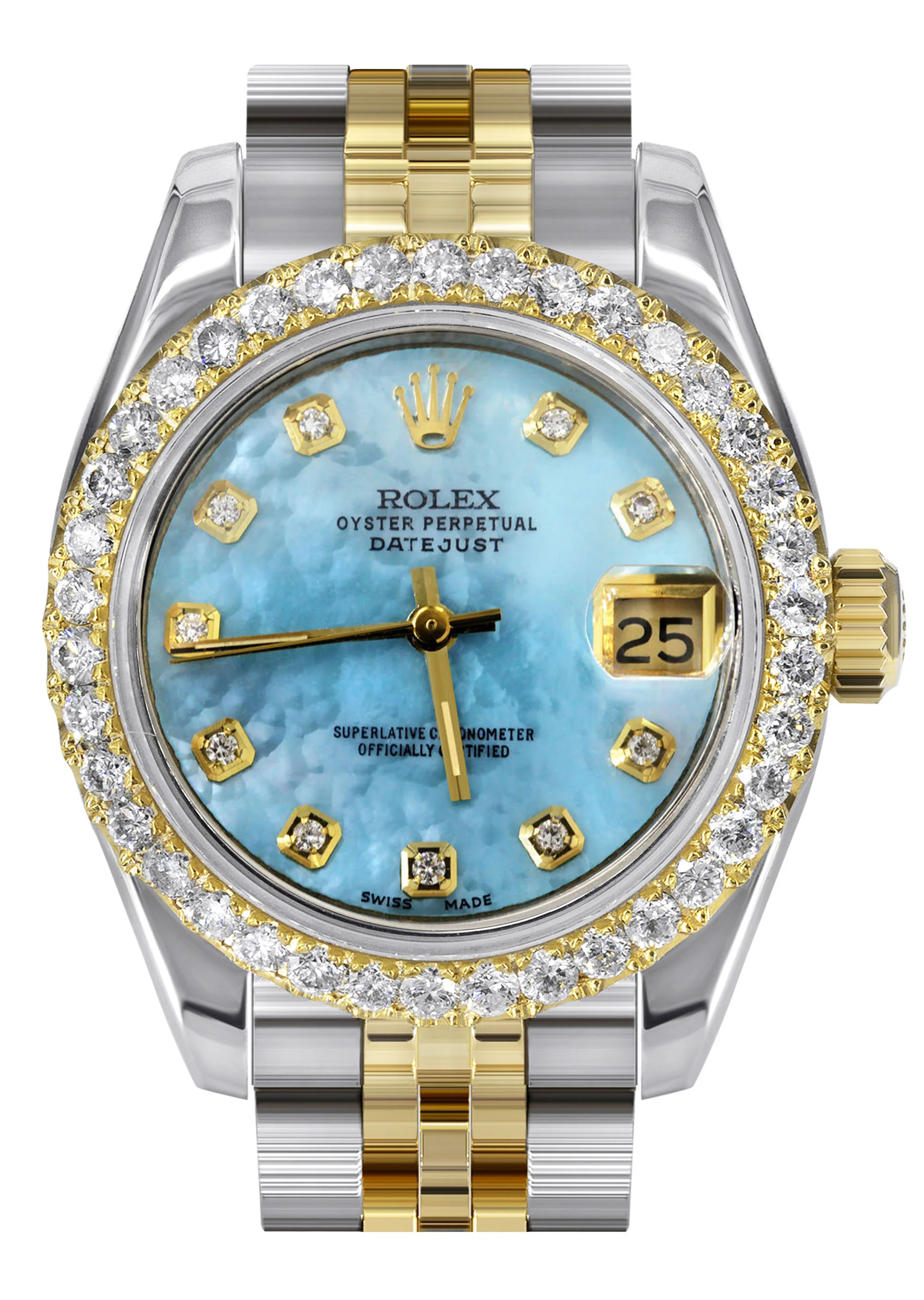 Womens Diamond Gold Hidden Clasp Rolex Watch | 1 Carat Bezel | 26Mm | Aqua Mother of Pearl Dial | Jubilee Band | Model 179173