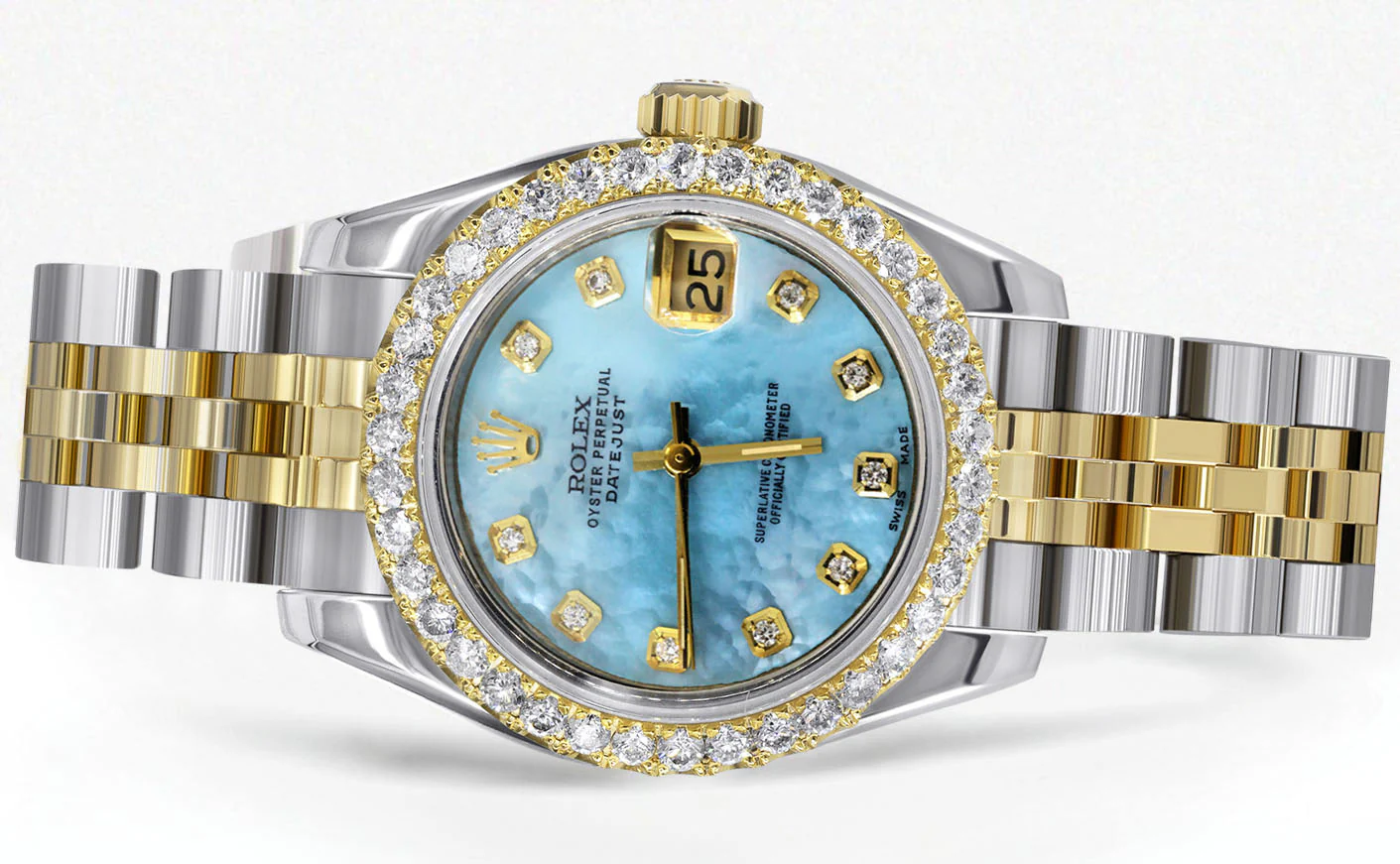 Womens Diamond Gold Hidden Clasp Rolex Watch | 1 Carat Bezel | 26Mm | Aqua Mother of Pearl Dial | Jubilee Band | Model 179173 - Image 2