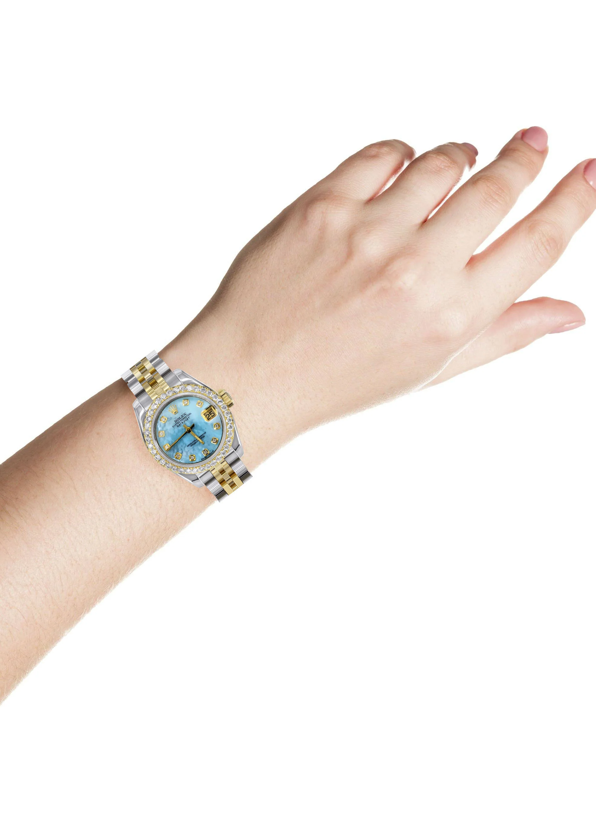 Womens Diamond Gold Hidden Clasp Rolex Watch | 1 Carat Bezel | 26Mm | Aqua Mother of Pearl Dial | Jubilee Band | Model 179173 - Image 3