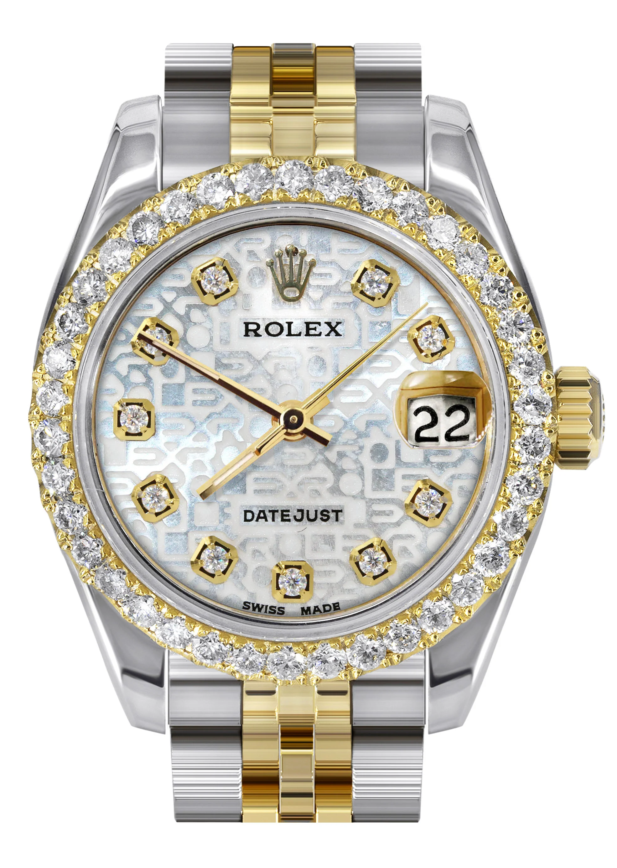 Womens Diamond Gold Hidden Clasp Rolex Watch | 1 Carat Bezel | 26Mm | Texture Dial | Jubilee Band | Model 179173