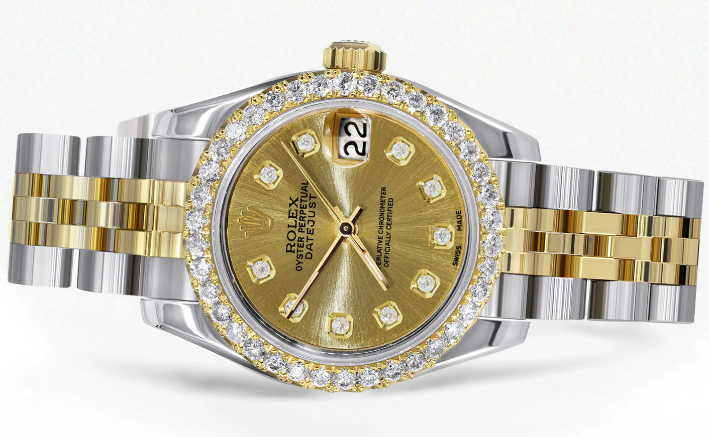 Womens Diamond Gold Hidden Clasp Rolex Watch | 1 Carat Bezel | 26Mm | Gold Metallic Dial | Jubilee Band | Model 179173 - Image 2