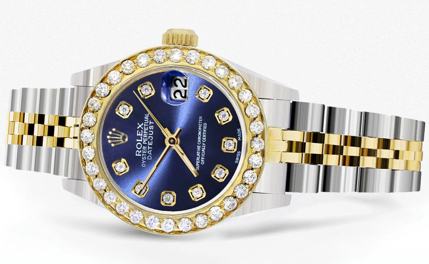 Womens Diamond Gold Rolex Watch | 1 Carat Bezel | 26Mm | Blue Diamond Dial | Jubilee Band - Image 2