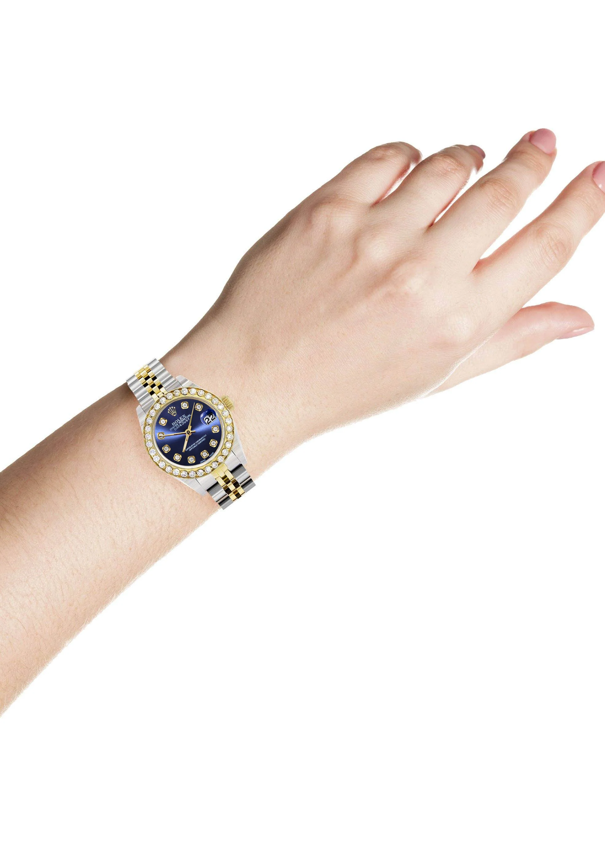 Womens Diamond Gold Rolex Watch | 1 Carat Bezel | 26Mm | Blue Diamond Dial | Jubilee Band - Image 3