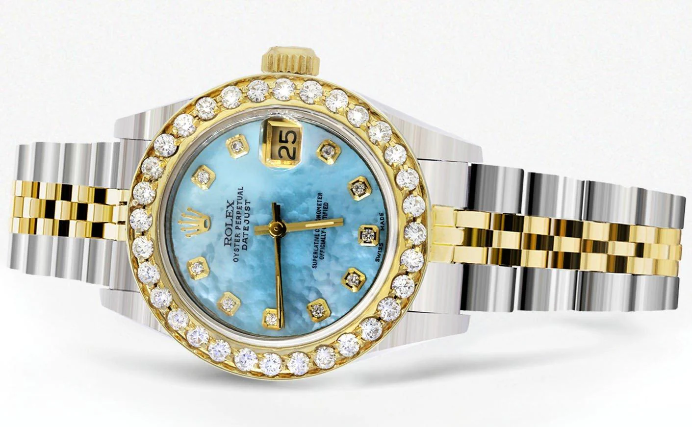 Womens Diamond Gold Rolex Watch | 1 Carat Bezel | 26Mm | Blue Pearl Dial | Jubilee Band - Image 3