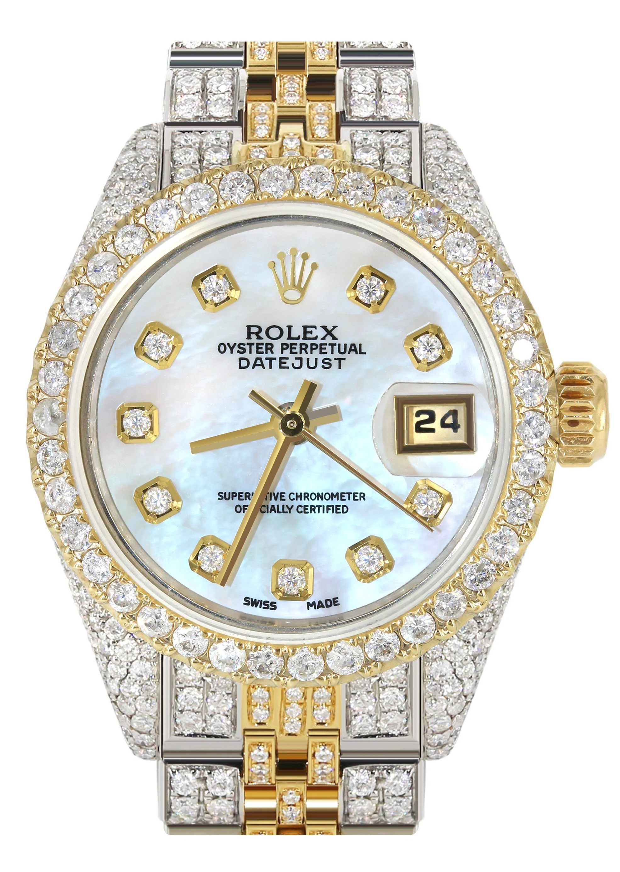 Womens Diamond Gold Rolex Watch | 26Mm | Mother of Pearl Dial | Jubilee Band
