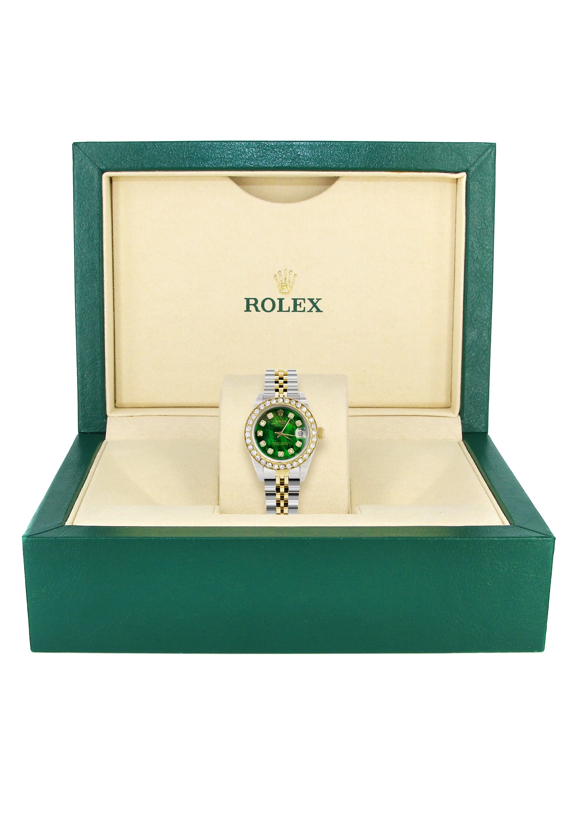 Womens Diamond Gold Rolex Watch | 1 Carat Bezel | 26Mm | Green Pearl Dial | Jubilee Band - Image 6